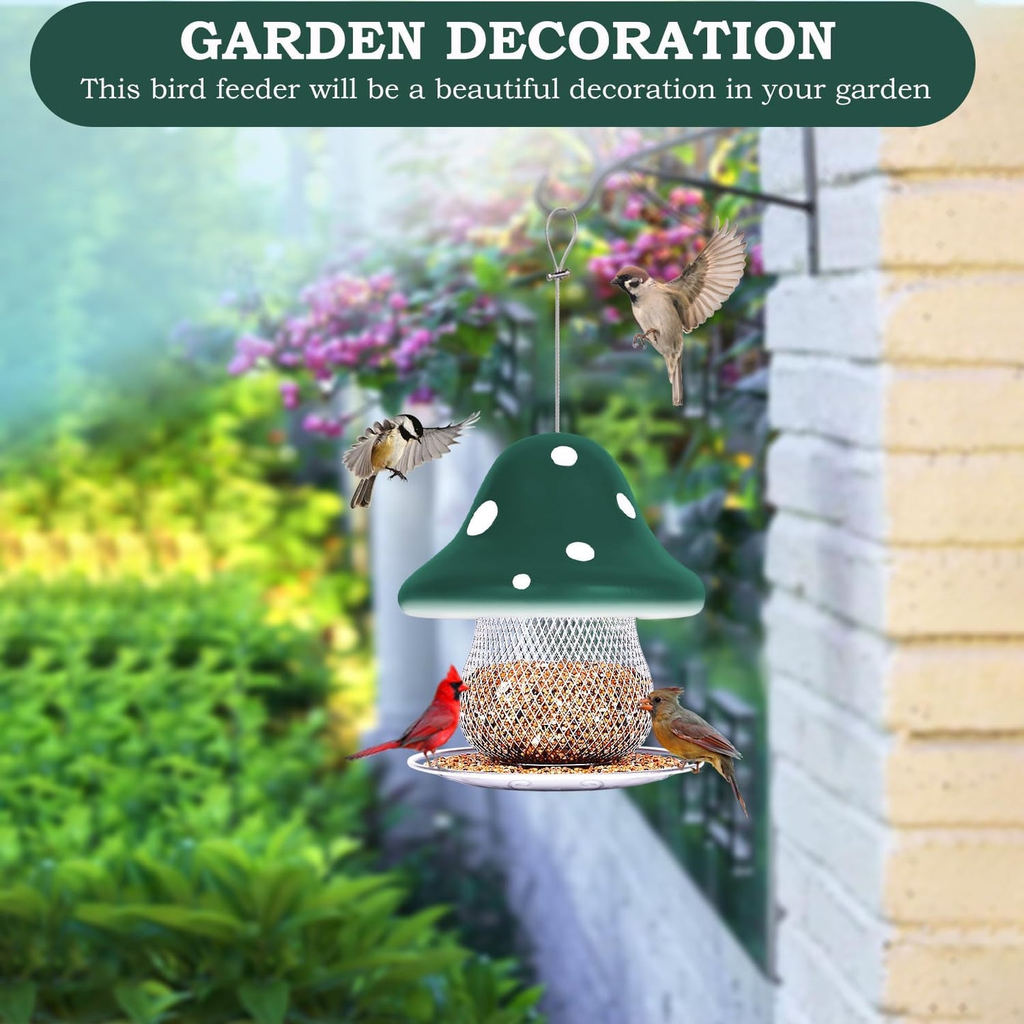 Green Mushroom Bird Feeders, Bird Feeders for Outdoors Hanging, Metal Wild Bird Feeder for Cardinals, Blue Jay, Bluebird Feeders, Large Capacity birdfeeders is Gift for Mother.