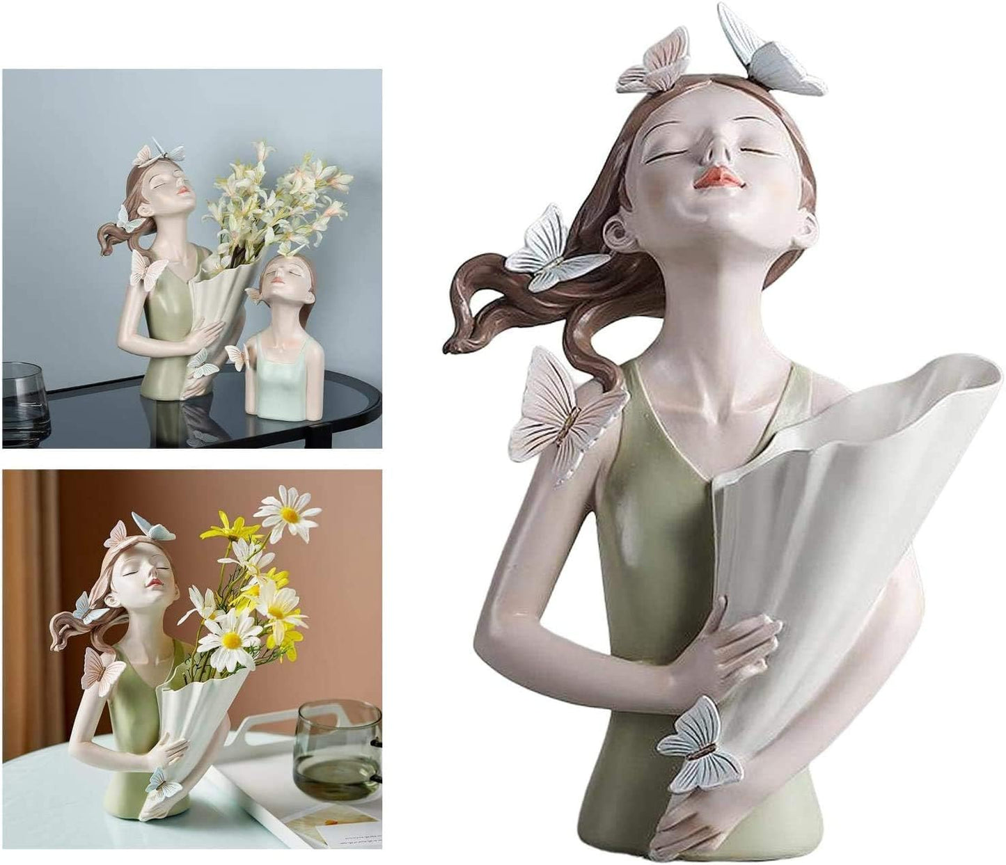 Girl Figurines Flower Vase Resin Girl Statue Sculpture Floral Flower Pots Flower Holder Desktop Planter for Home Office Table Ornaments - Green
