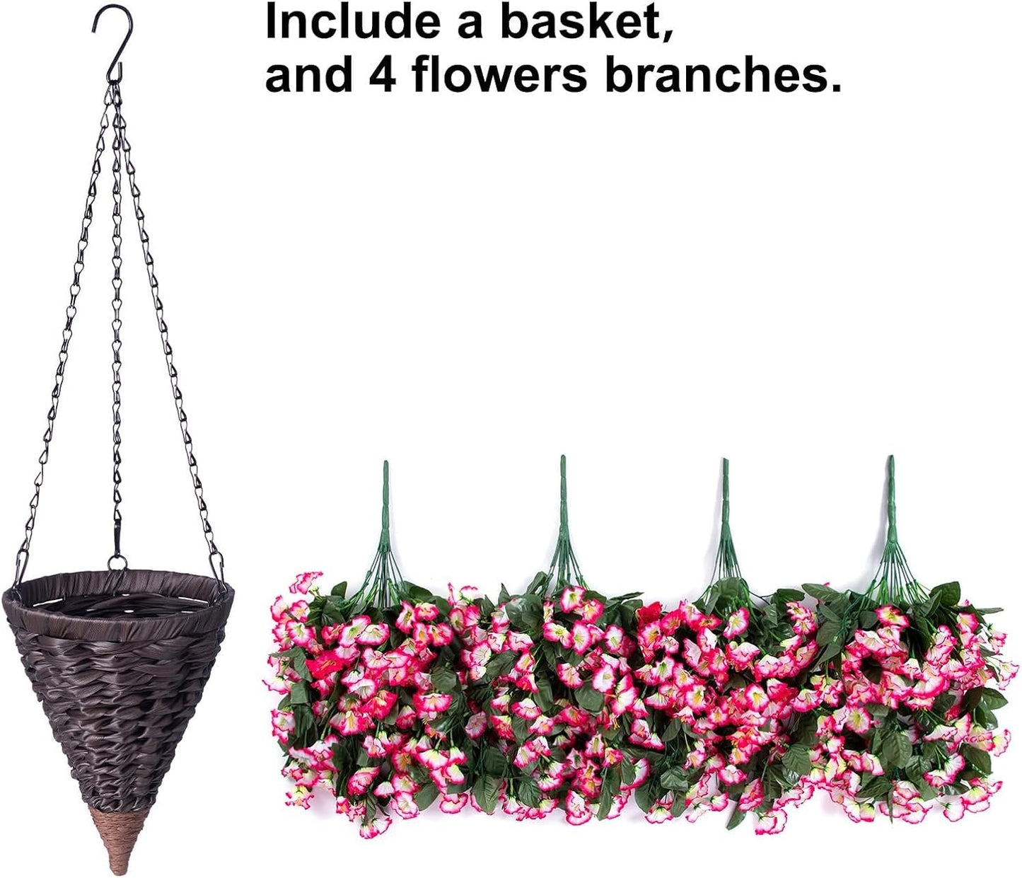 Artificial Fall Hanging Flowers in Basket Fake Plant for Outside, Silk Pink Morning Glory Flower Arrangement for Outdoor Decor, UV Resistant Realistic Floral Planter for Porch Patio Balcony