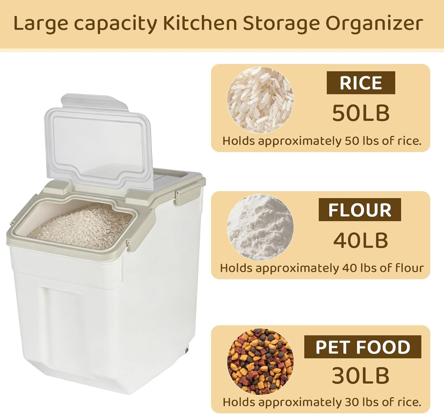 PENCK Rice Storage Container 50 lbs Large Household Flour Sugar Containers Airtight Grain Cereal Dispenser with Wheels, Locking Lid & Measuring Cup for Kitchen Pantry Organization, 2 Pack(Grey)