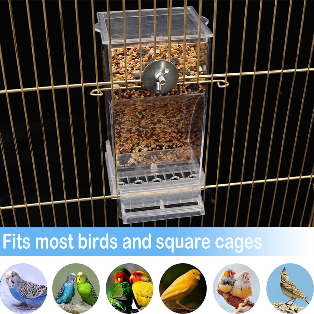 Bird Parrot Feeders, No Mess Automatic Cage Feeder Dispenser Food Container, Auto Bird Seed Bowl for Small Medium Birds, Cockatiel Canary Cockatoos Parakeet Conure Lovebird, Acrylic Clear (Feeder)