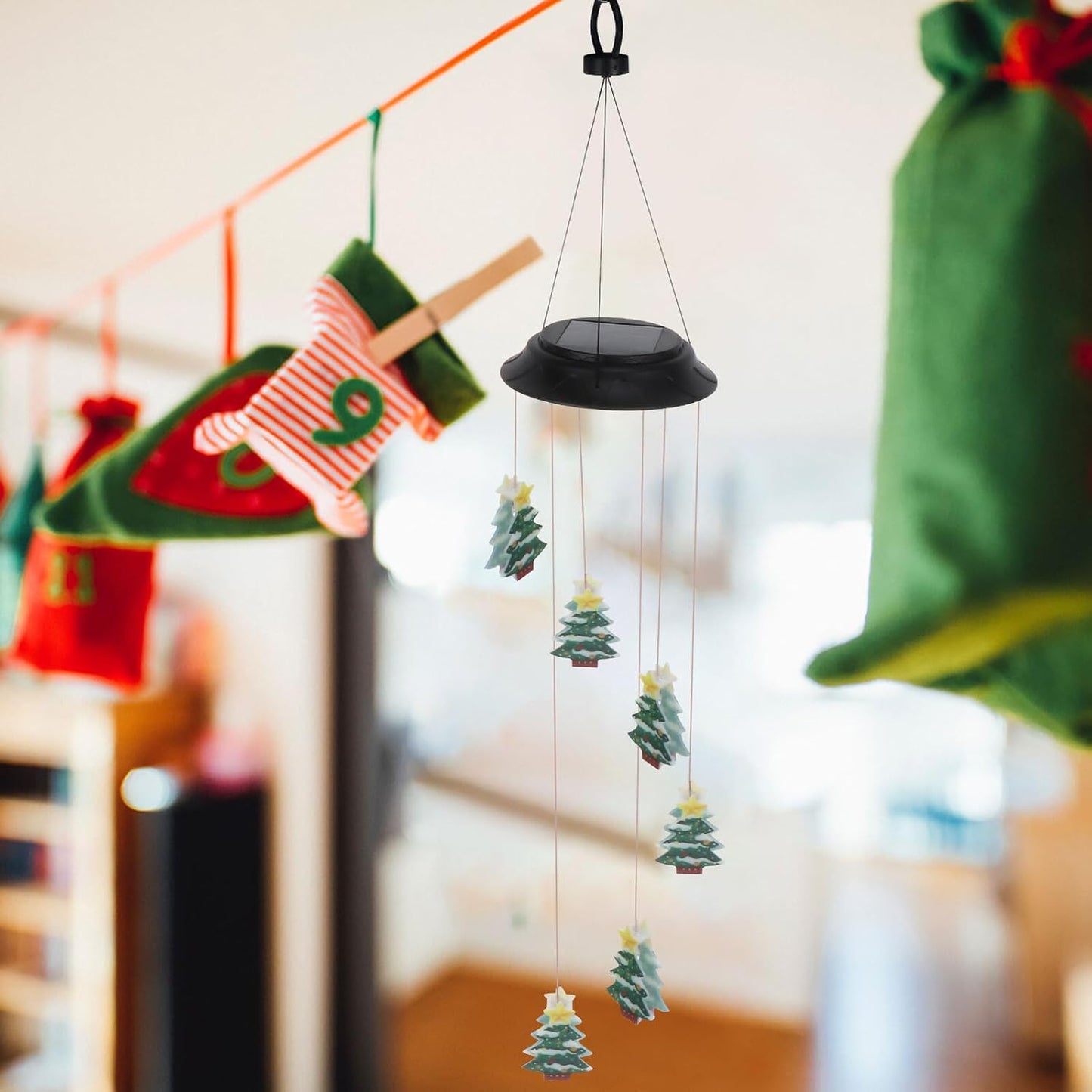 FAVOMOTO Solar Christmas Tree Wind Chime Lamp Outdoor Waterproof Rechargeable Wind Bell Light for Garden Patio Holiday Decor