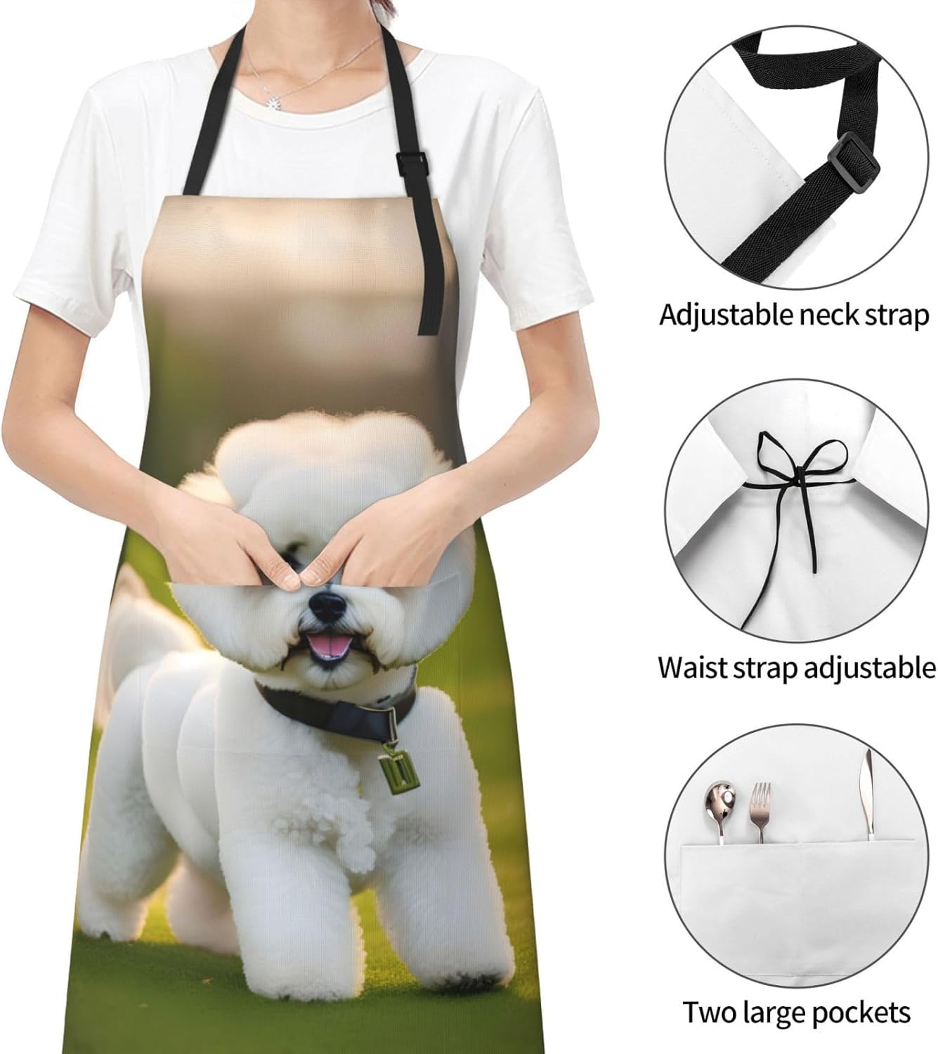 Bichon Frise Dog on the grass print Waterproof apron with pocket adjus
