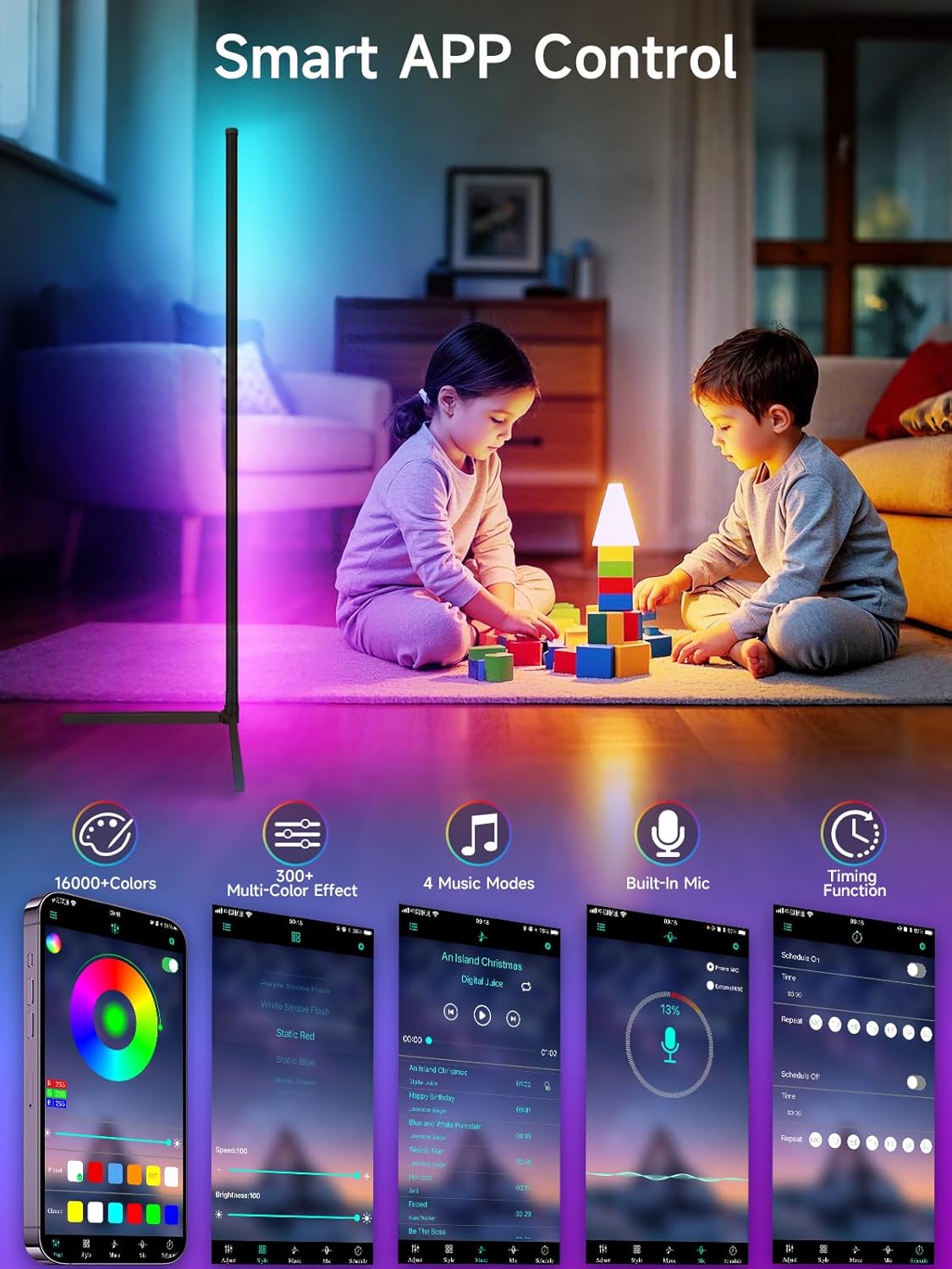 Corner Floor Lamp, RGB LED Corner Lamp with Music Sync, Smart App and 