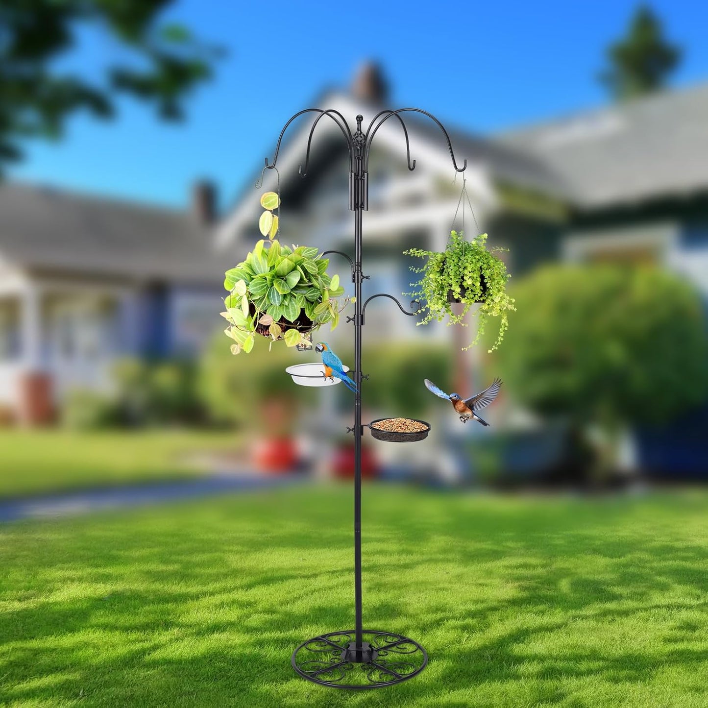 Adjustable Shepherd Hook Stand, 34"- 55" Black Iron Shepherd Hook with Base for Plant Hanging, Wind Chime & Bird Feeder - Outdoor Garden Porch Decoration(Elegant Style)