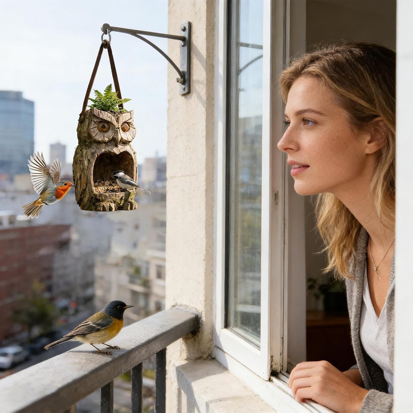 Owl Shaped Bird Feeder - Resin Bird Feeder Garden Art Owl Statue - Sparrow Feeding Station | for Outdoor Garden Backyard Patio Yard Porch