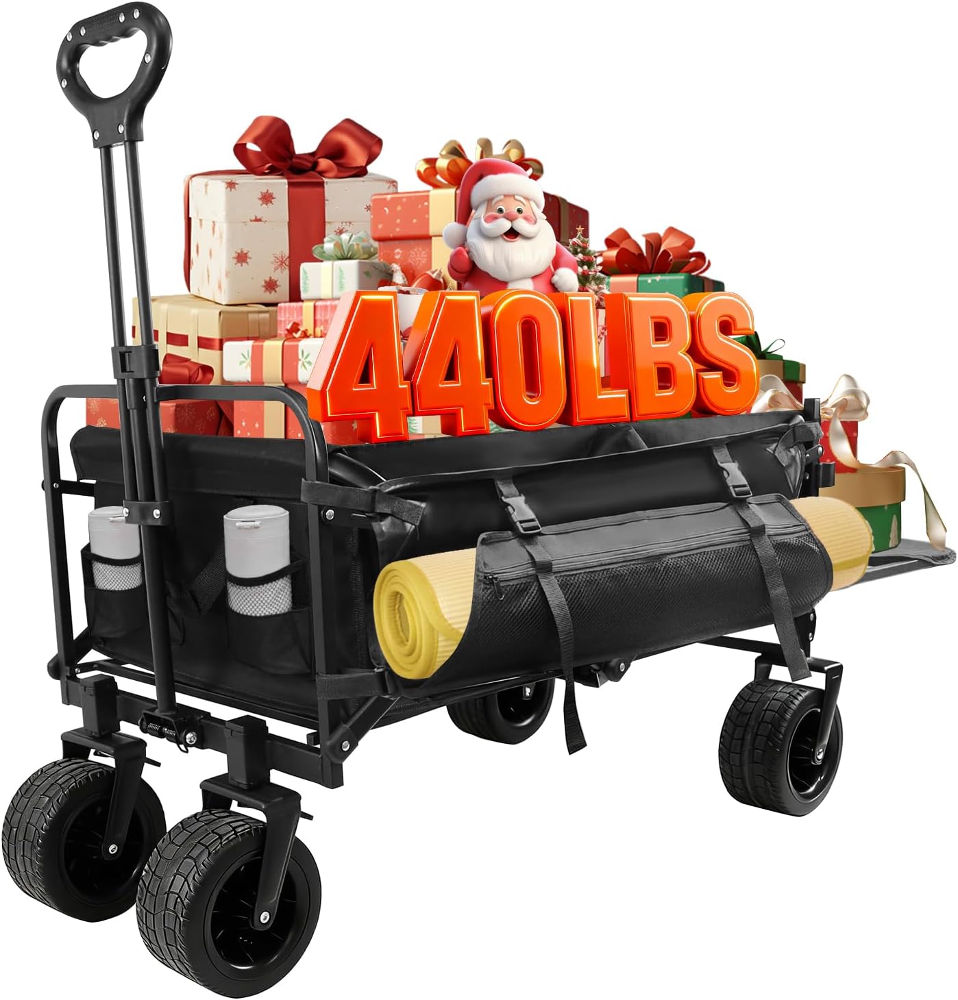 440 LBS Wagons Carts Foldable, Folding Collapsible Wagon Cart with Big All-Terrain Wheels & Cup Holders, Utility Graden Carts for Camping, Beach, Garden and Shopping