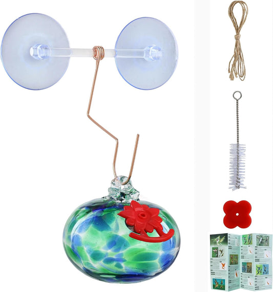 QFkris Blown Glass Hummingbird Feeder with Suction Cups for Window, Small Hummingbird Feeder with Flower Feeding Ports for Outside Garden Backyard Decor, Gifts for Women Mom(Green)
