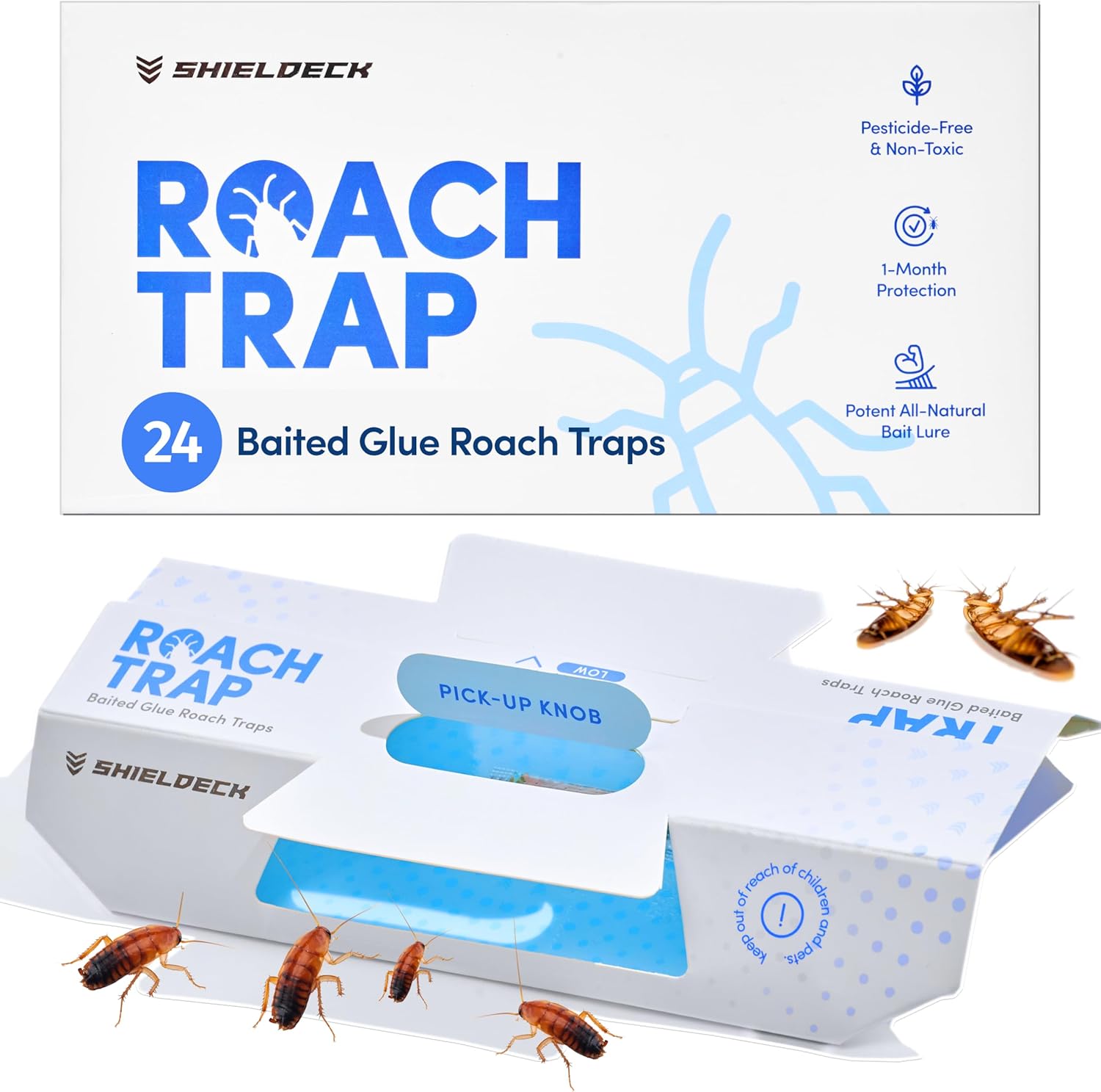 Shieldeck Roach Traps Indoor (24 Pack) – Non-Toxic Sticky Glue Traps f