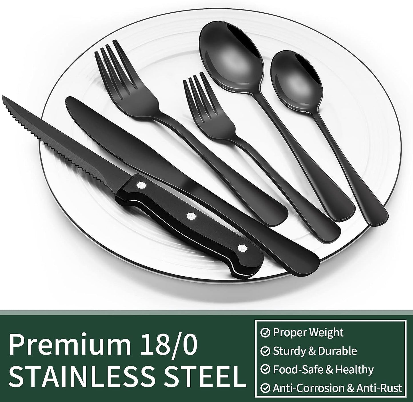 EWFEN 24-Piece Black Silverware Set with Steak Knives, Black Flatware 