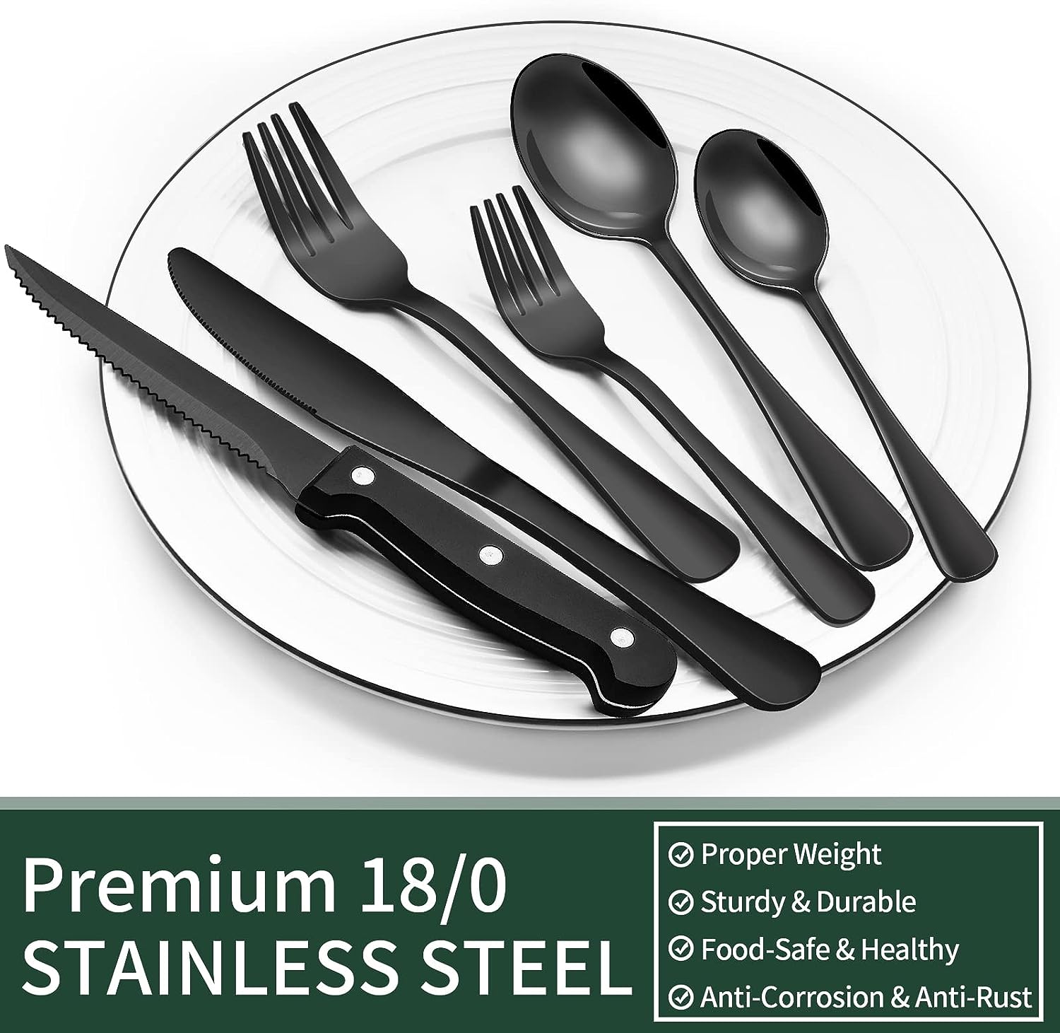 EWFEN 24-Piece Black Silverware Set with Steak Knives, Black Flatware 