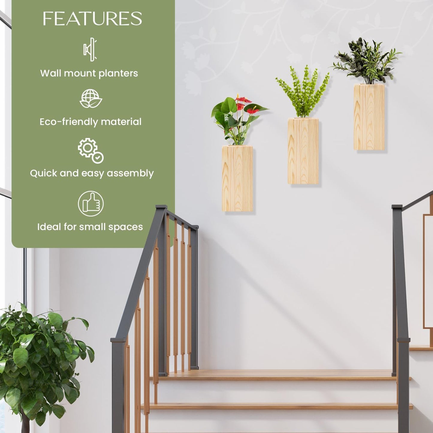 Pine Wood Wall Mount Planters - Set of 3, Modern Wall Vases for Flowers, Perfect for Bedroom, Bathroom, and Living Room Decor, Wall Flower Pots for Dried Floral Decorations