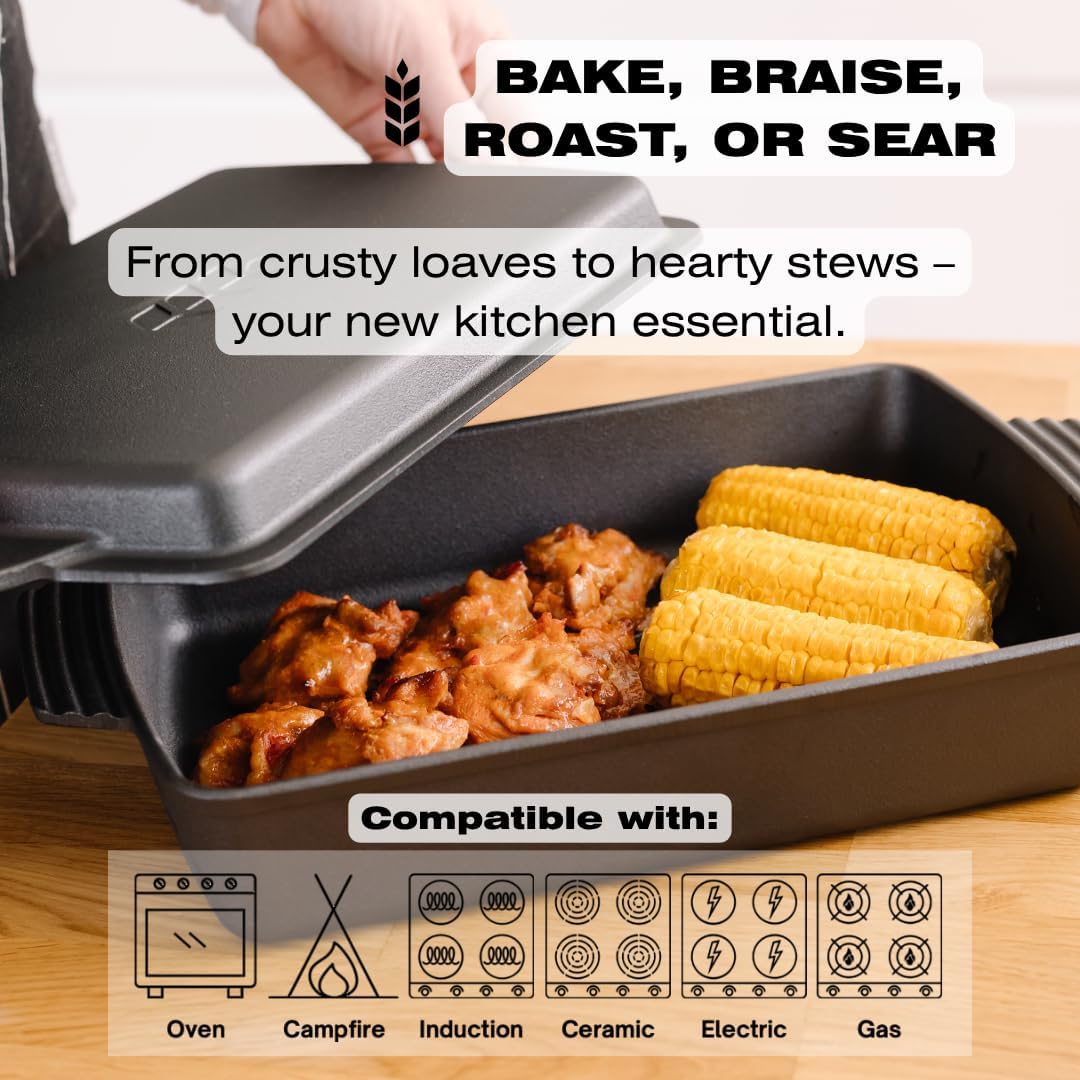 Kuha 2-in-1 Square Cast Iron Dutch Oven, 6 QT – Skillet Lid & Casserol
