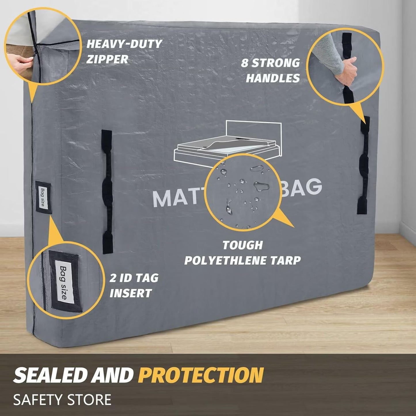 Mattress Bags for Moving and Storage, BETU Twin Mattress Protector Waterproof Mattress Cover with 8 Heavy Duty Handles and Zipper Extra Thick Moving Supplies for Dorm Bed Reusable (77x42x13.5 Grey)