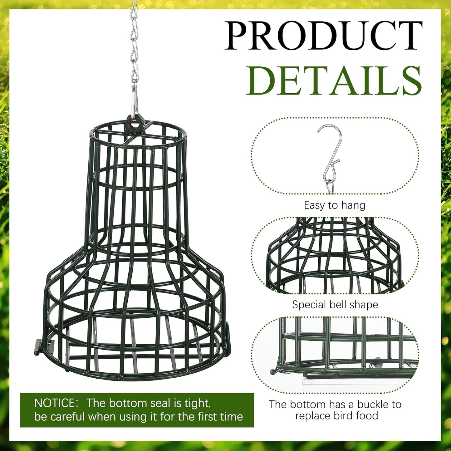2 Pcs Bird Seed Bell Wild Bird Feeder S-8 Seed Cake Bell Feeders Outdoor Garden Cages Hanger with Stainless Steel Chain for Outside