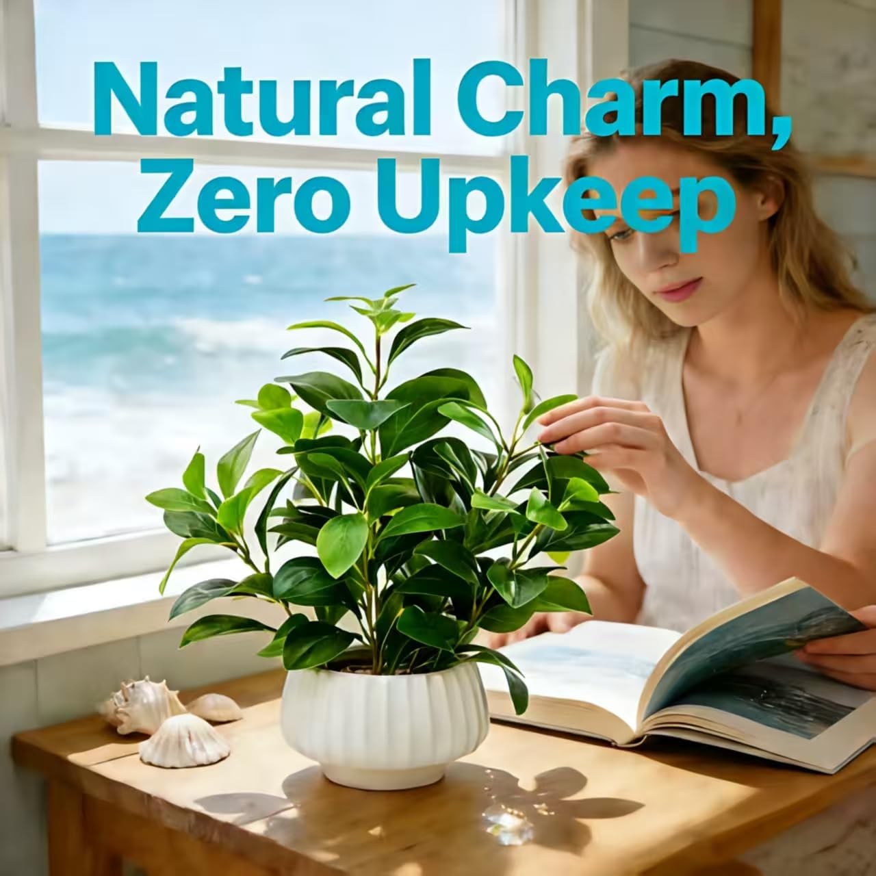 Artificial Peperomia Plant 16.5” Tall Lifelike Faux Greenery in 6” White Ribbed Ceramic Pot Realistic Indoor Fake Branches for Home Office Desk Shelf Bathroom Bedroom Farmhouse Decor