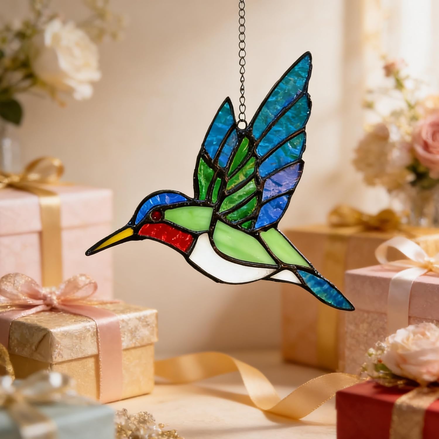 Hummingbird Stained Glass Suncatcher for Window Hanging Handmade Color