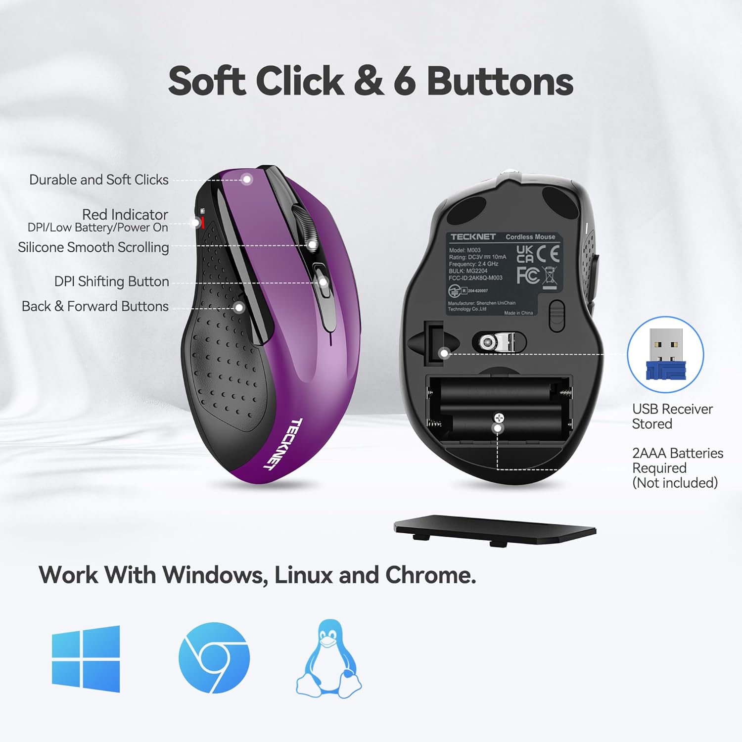 TECKNET Wireless Mouse, 2.4G Ergonomic Optical Mouse, Computer Mouse f