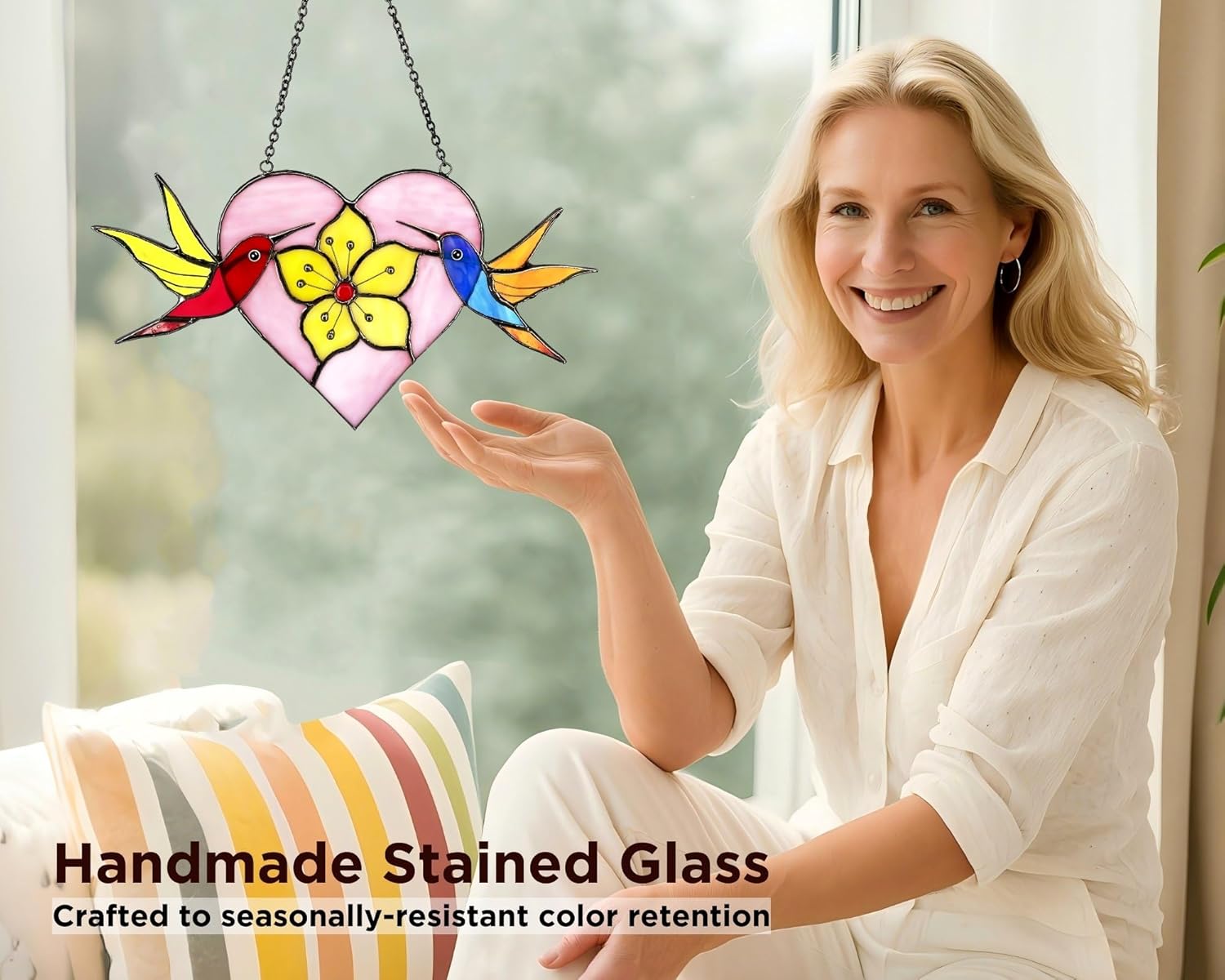 Pair of Hummingbirds Stained Glass Window Hanging - Gifts for Women, M