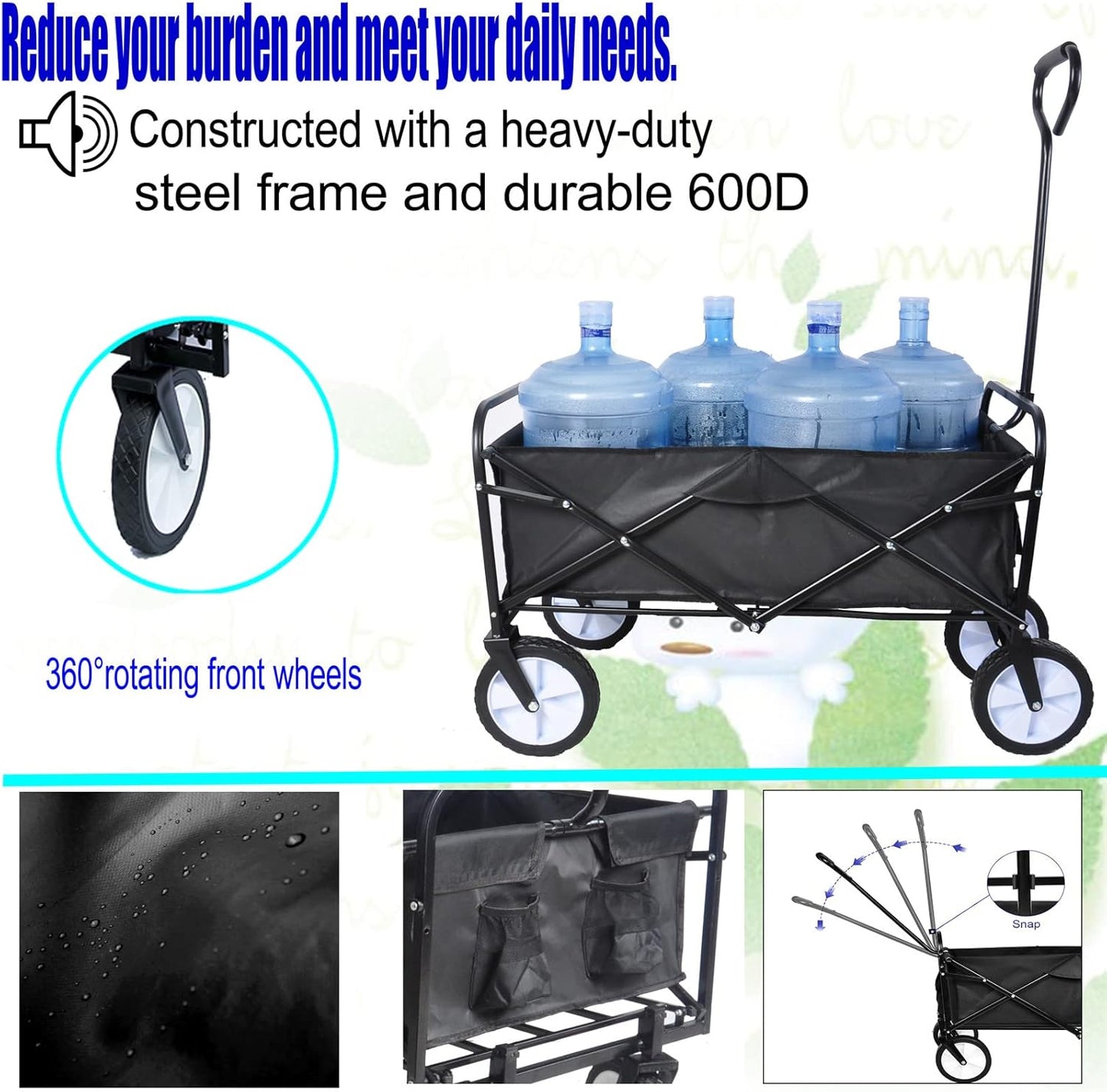 Folding Wagon Cart Collapsible Outdoor Utility Wagon with All Terrain Wheels Beach Wagon,Shopping Cart Camping Wagon Heavy Duty Steel for Beach Camping Shopping Sports Portable (Blue4) (Black2)