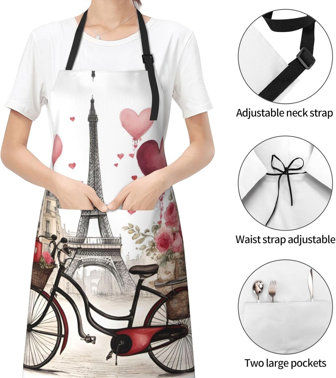 Love Paris Tower Coffee Wine Perfume Bicycle Heart print Waterproof chef's apron with pocket apron for kitchen cooking baking barbecue and gardening