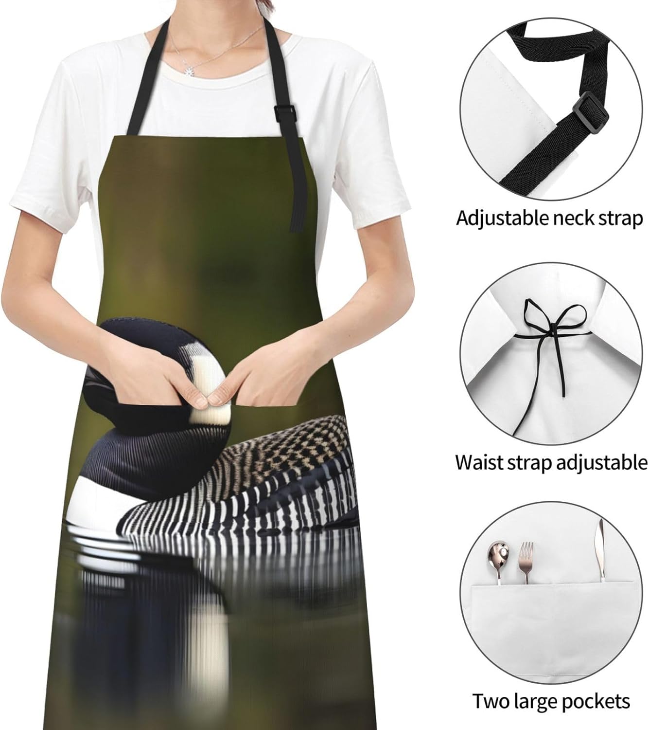 Loon Nature Bird print Waterproof apron with pocket adjustable cooking apron for adult kitchen bibs to bake