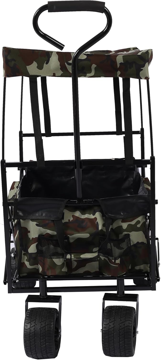 Outdoor Garden Park Wagon with Canopy and Pockets, Foldable Portable Utility Beach Trolley Cart with 7" Wheels for Camping Garden Sports (262LBS Max Weight Capacity) Dark Green Black As Shown