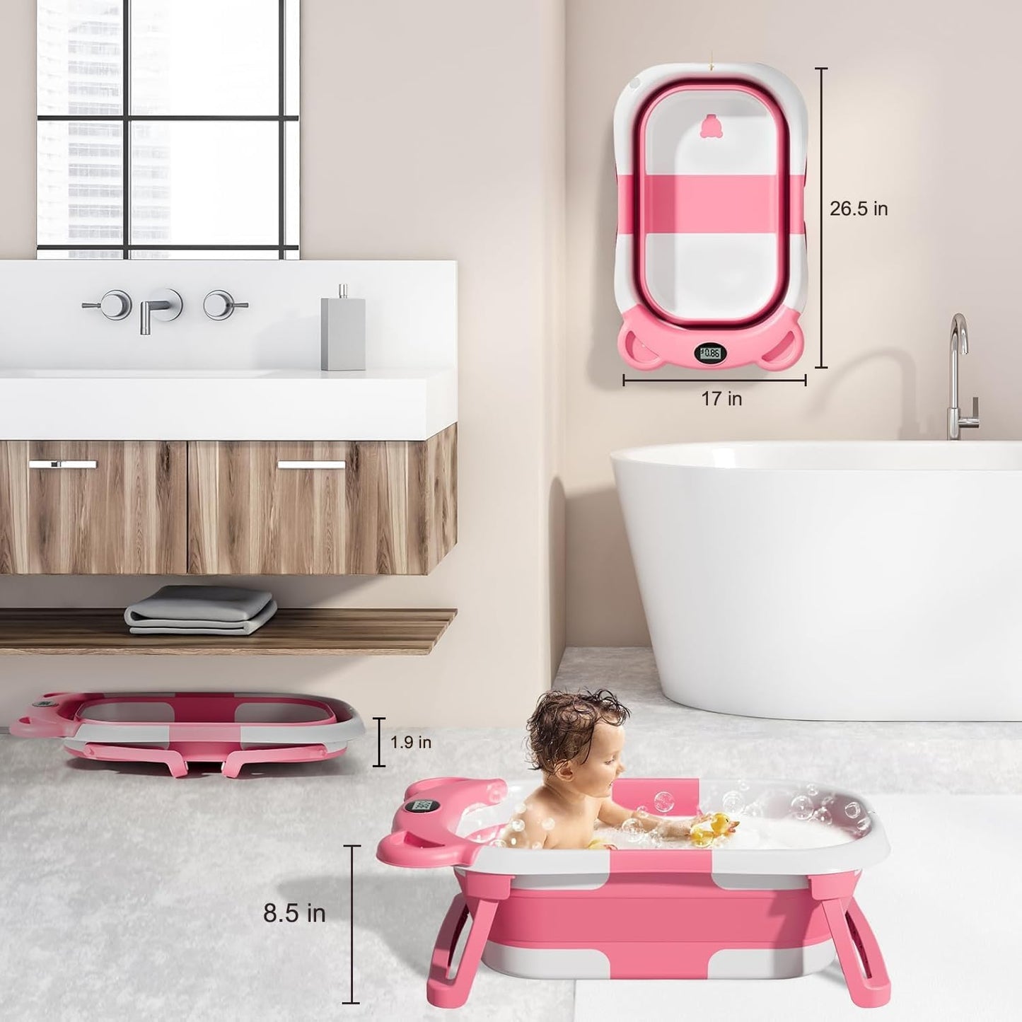 TPN Collapsible Baby Bathtub, Baby Bath Tub with Soft Cushion & Real-T