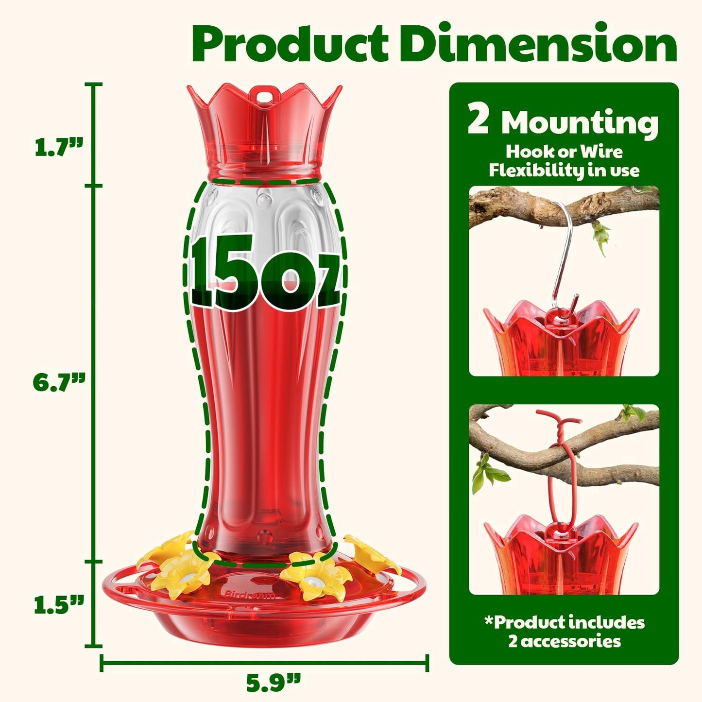 Birdream 2026 Upgraded Hummingbird Feeders for Outdoors, 15oz Hanging Hummingbird Feeders Ant Proof, Easy to Clean and Maintain, Gift for Bird Lover, Red (1 Pack)