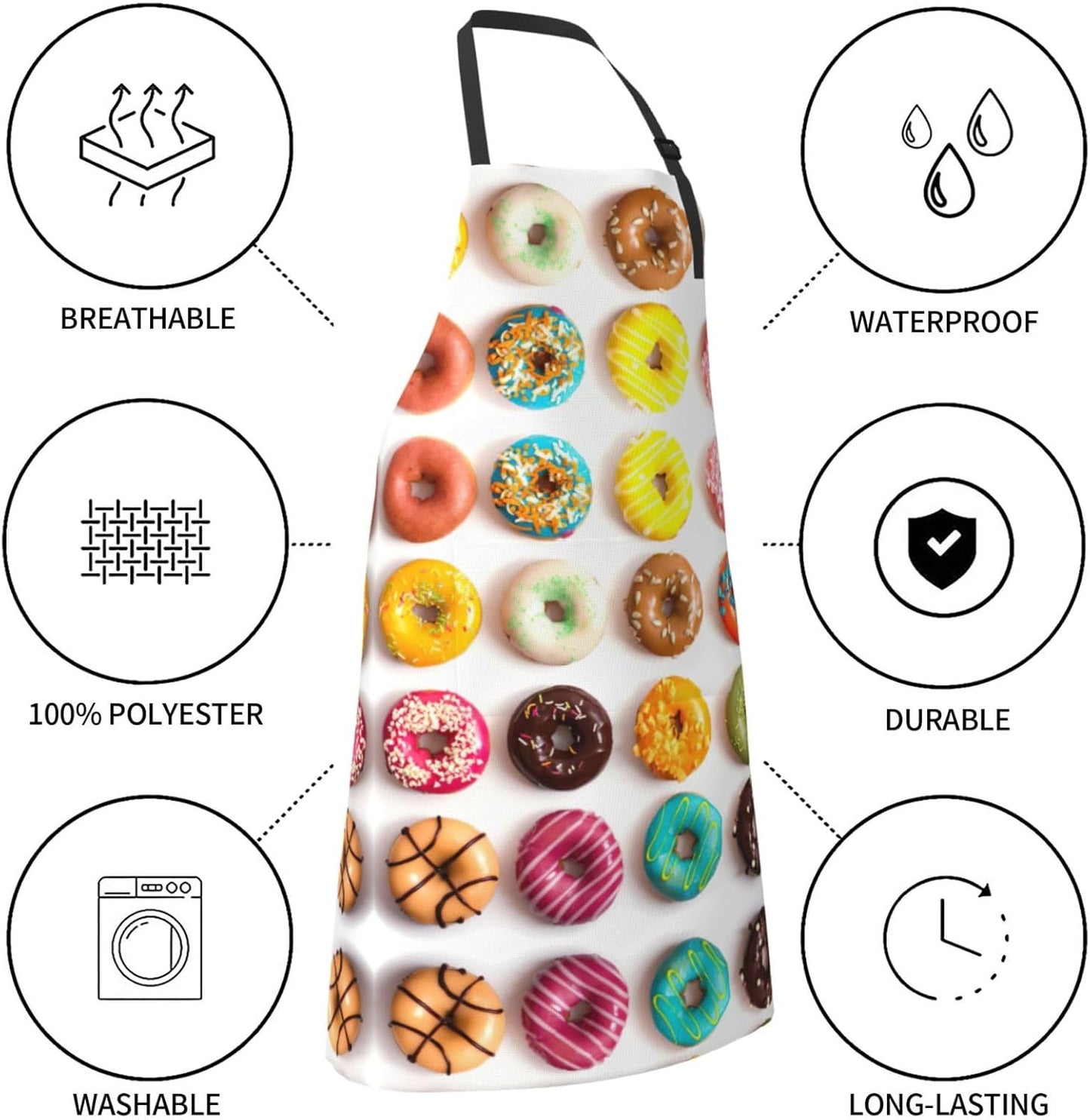 Different Flavors of Doughnuts print Waterproof apron with pocket adjustable cooking apron for adult kitchen bibs to bake