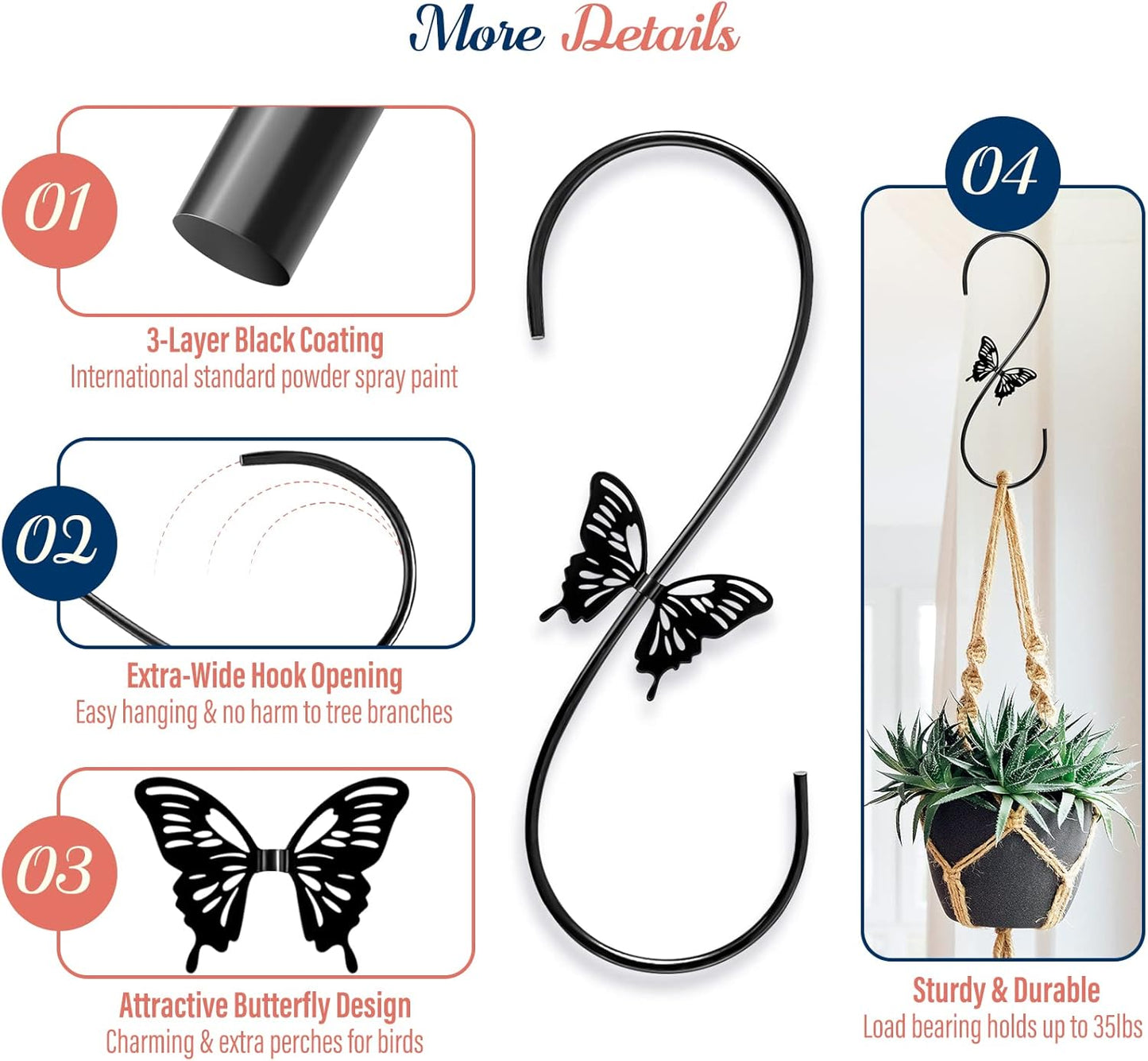 Attractive Bird Feeders Hanger 12-Inch, 2PCS Metal Hummingbird Feeder Hook, Extension Hook with Butterfly Design, to Hang Bird Feeder, Wind Chimes, Lanterns (Black)