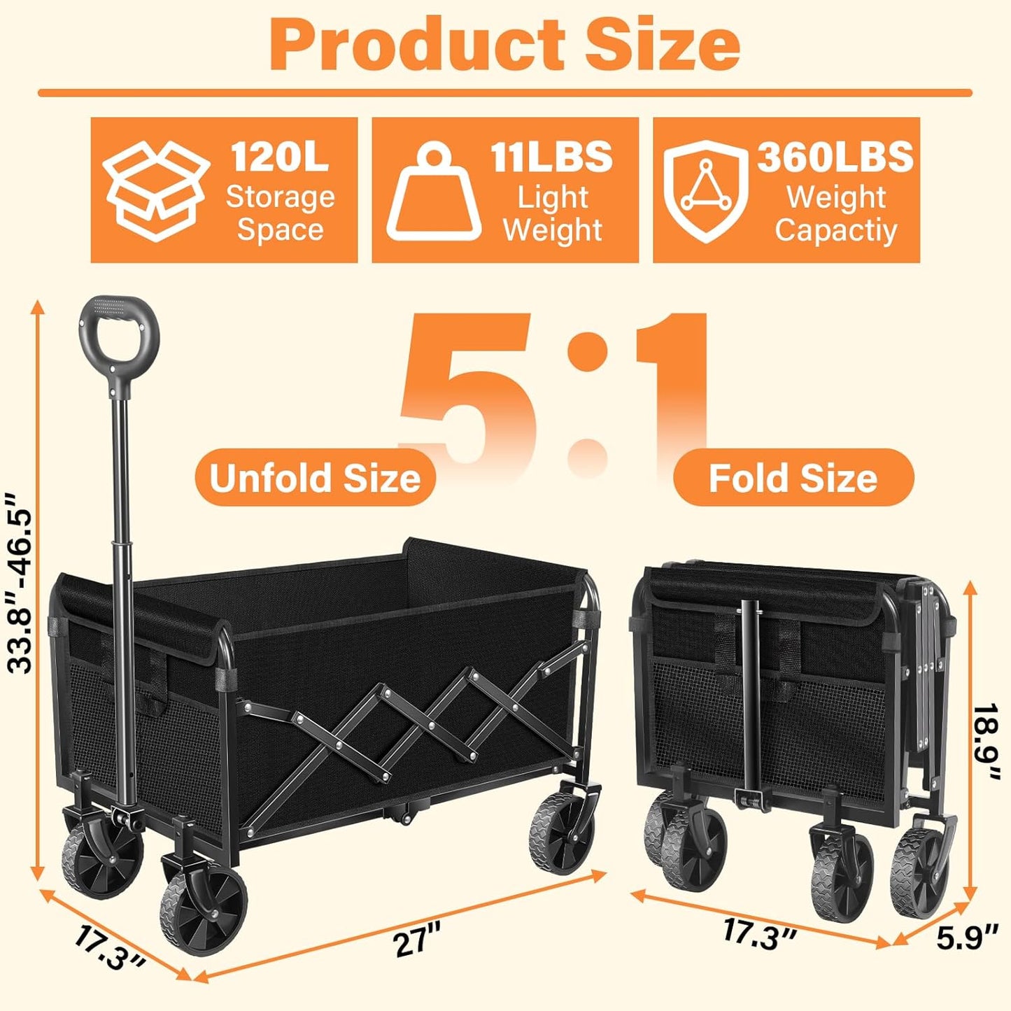 Wagons Carts Foldable,360lbs Collapsible Wagon with Wheels, Lightweight Foldable Wagon Cart with Drink Holders for Camping,Travel,Picnic,Shopping,Sports,Storage,Fashion Black