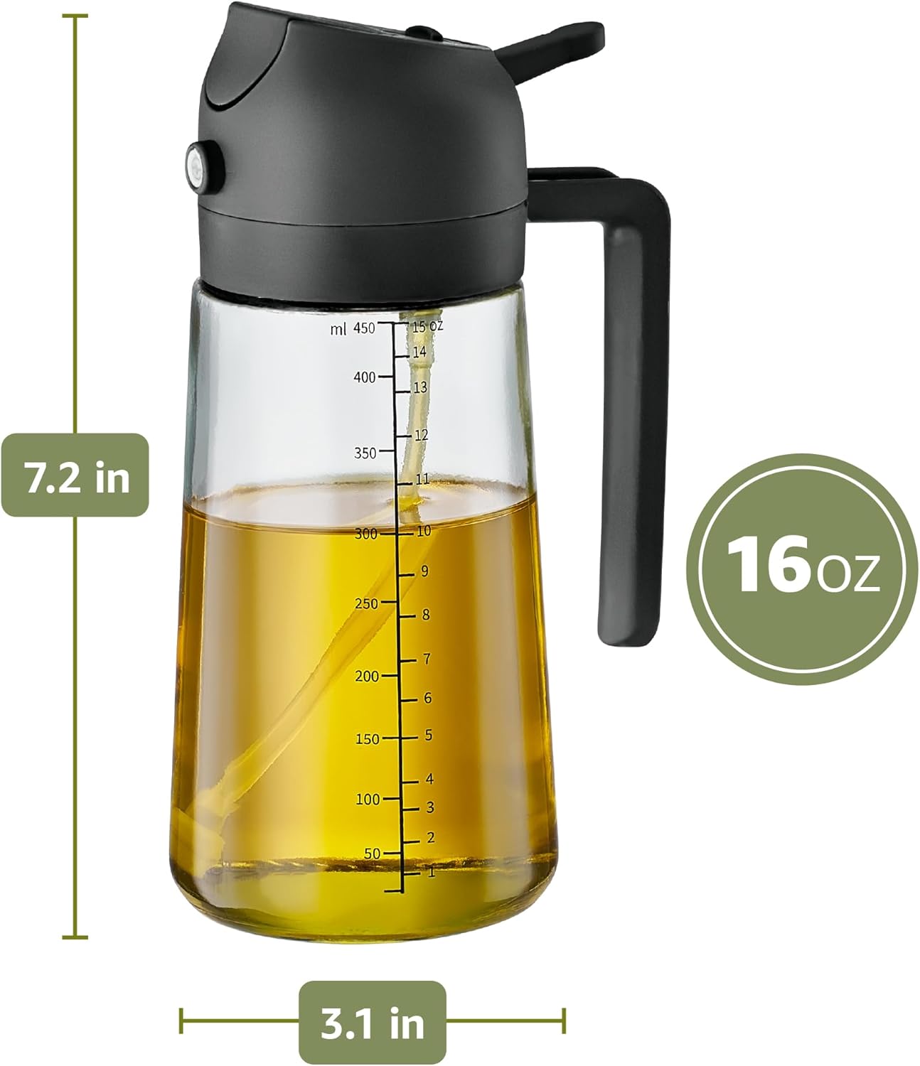 FineDine 16oz Olive Oil Sprayer for Cooking, 2 in 1 Olive Oil Dispenser Bottle for Kitchen, Air Fryer, Salad, BBQ & Baking – Dual Spray Mist & Stream, with Measurement Marks, Black