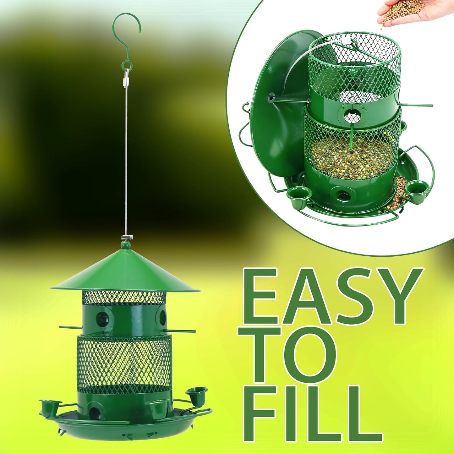 Outdoor Hanging Bird Feeder Metal Construction, Sturdy and Durable Large-Capacity Bird Feeder with Water Cup All-Season Outdoor Wild Bird Feeder Green Color (Green)