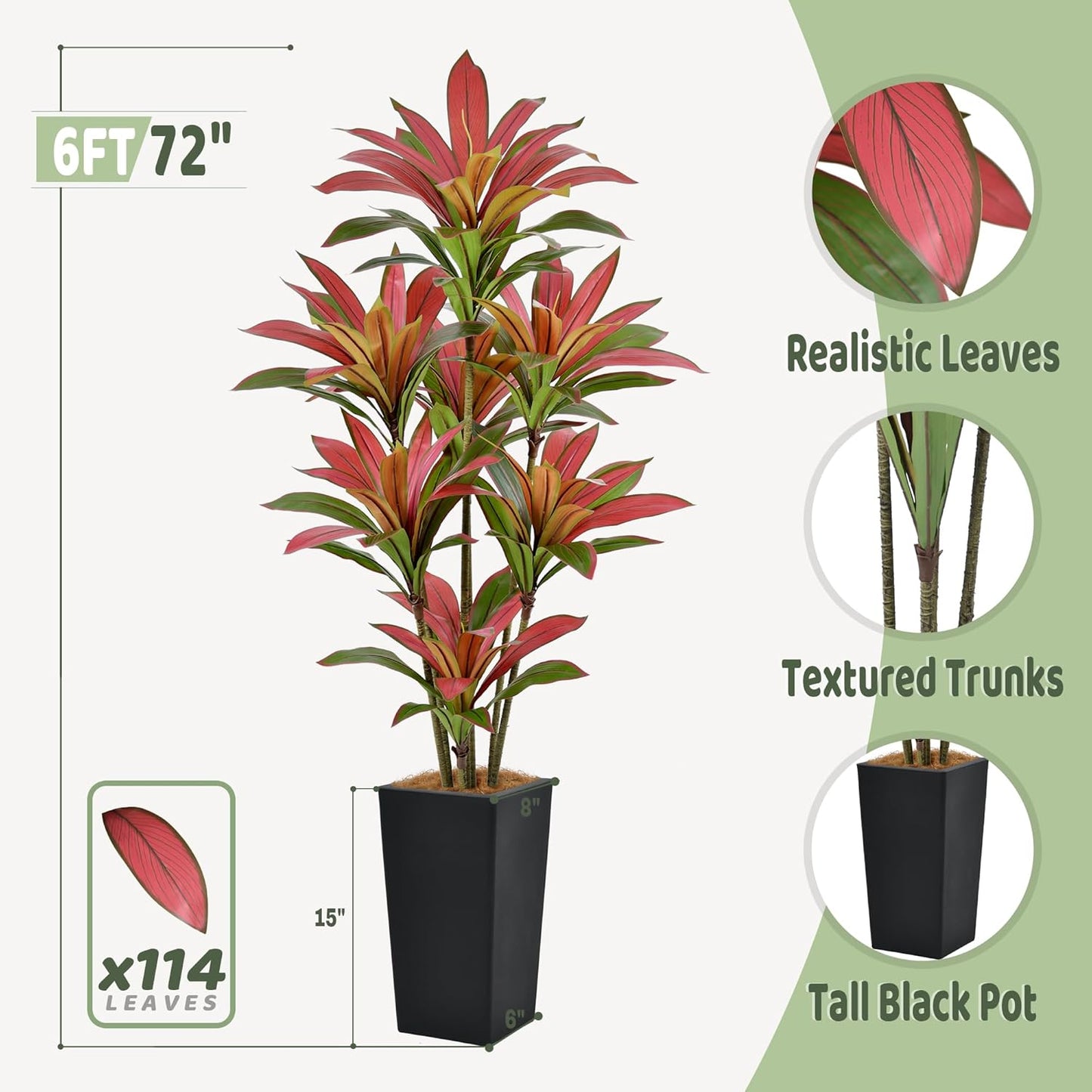 Artificial Red Dracaena Tree 6FT with 114 Leaves & 7 Heads & Black Tall Planter Cover with Coconut Fiber Tall Faux Tropical Silk Bicolor Plant 72 Inch for Indoor Home Office Porch Mall Decor