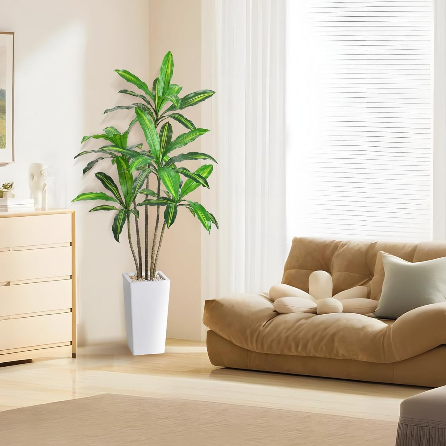 Artificial Dracaena Tree 5FT-Faux Tree with White Tall Planter Indoor Decor-Fake Yucca Palm Tree in Pot-Artificial Silk Tree for Home Office Decor Perfect Housewarming Gift