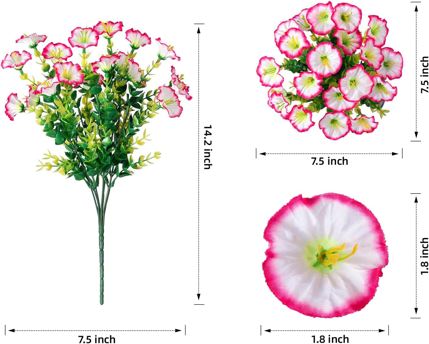 Artificial Fake Spring Outdoor Plants Flowers, 12 Bundles Outside Faux Silk Pink Morning Glory with Eucalyptus Realistic UV Resistant for Planter Pot Porch Garden Yard Patio Balcony Home Decoration