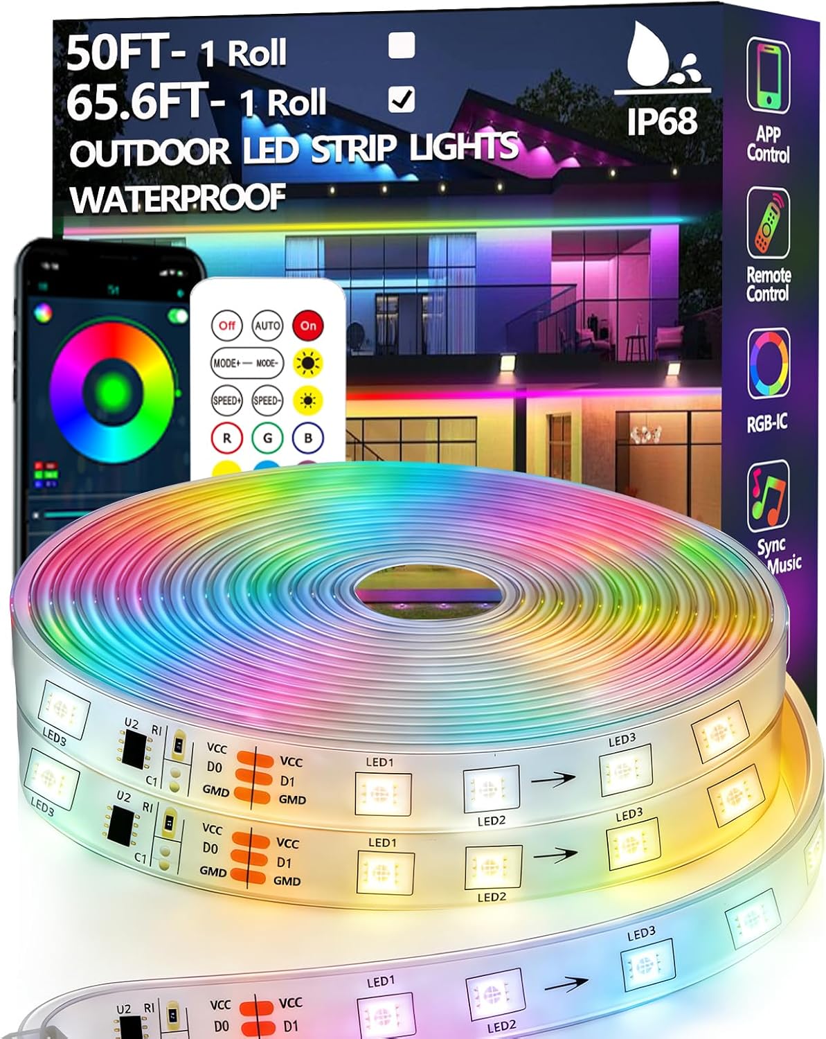 65.6FT Outdoor LED Strip Light Waterproof,IP68 Outside RGB+IC Light St