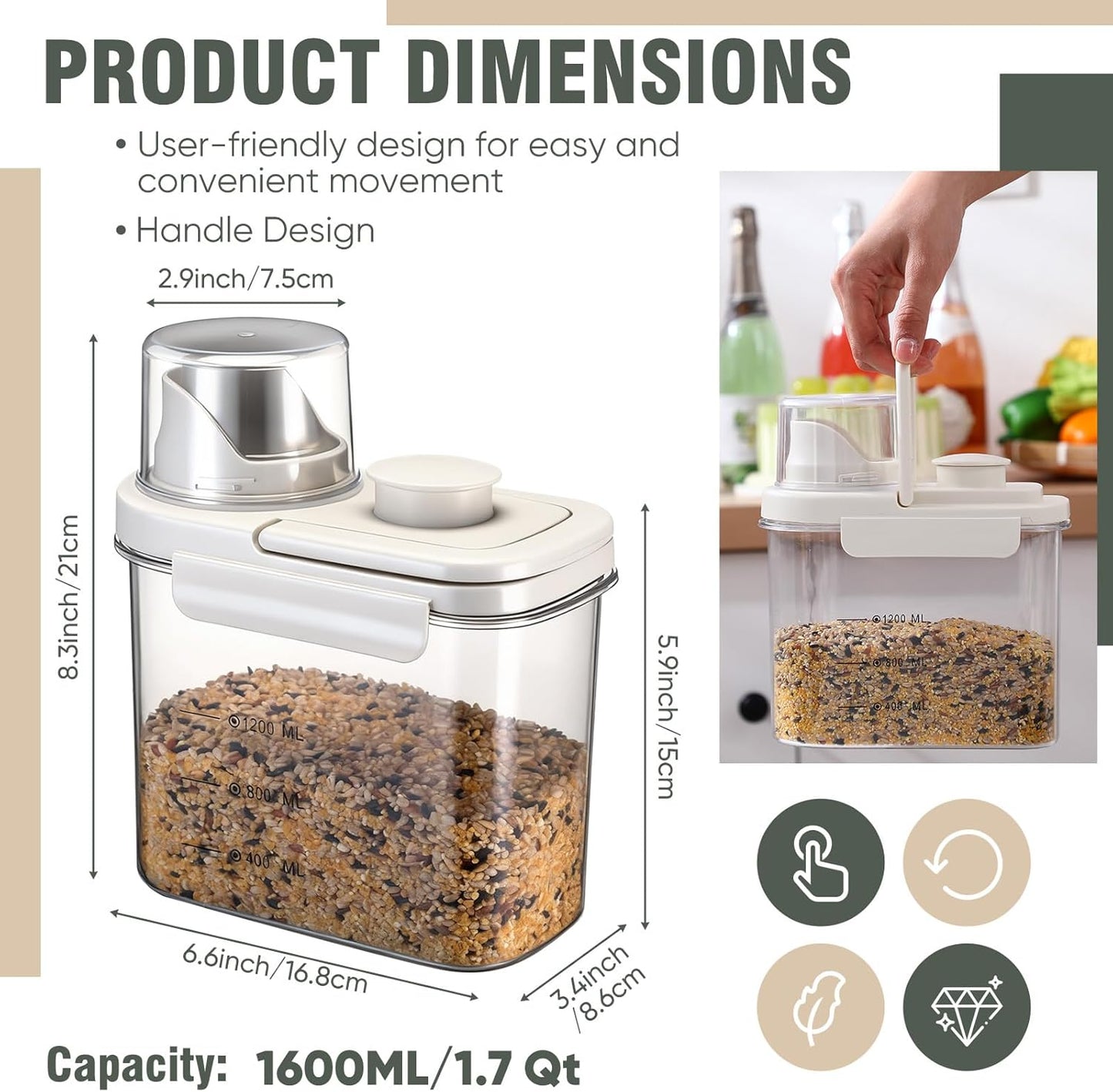 Maxdot 2 Pcs Bird Seed Storage Container 1.7 Qt/1.6 L with Tight Lids Airtight Cup Pet Food Storage Measuring Containers Lids with Pouring Spouts for Macaws African Grey Cockatoos(Beige)