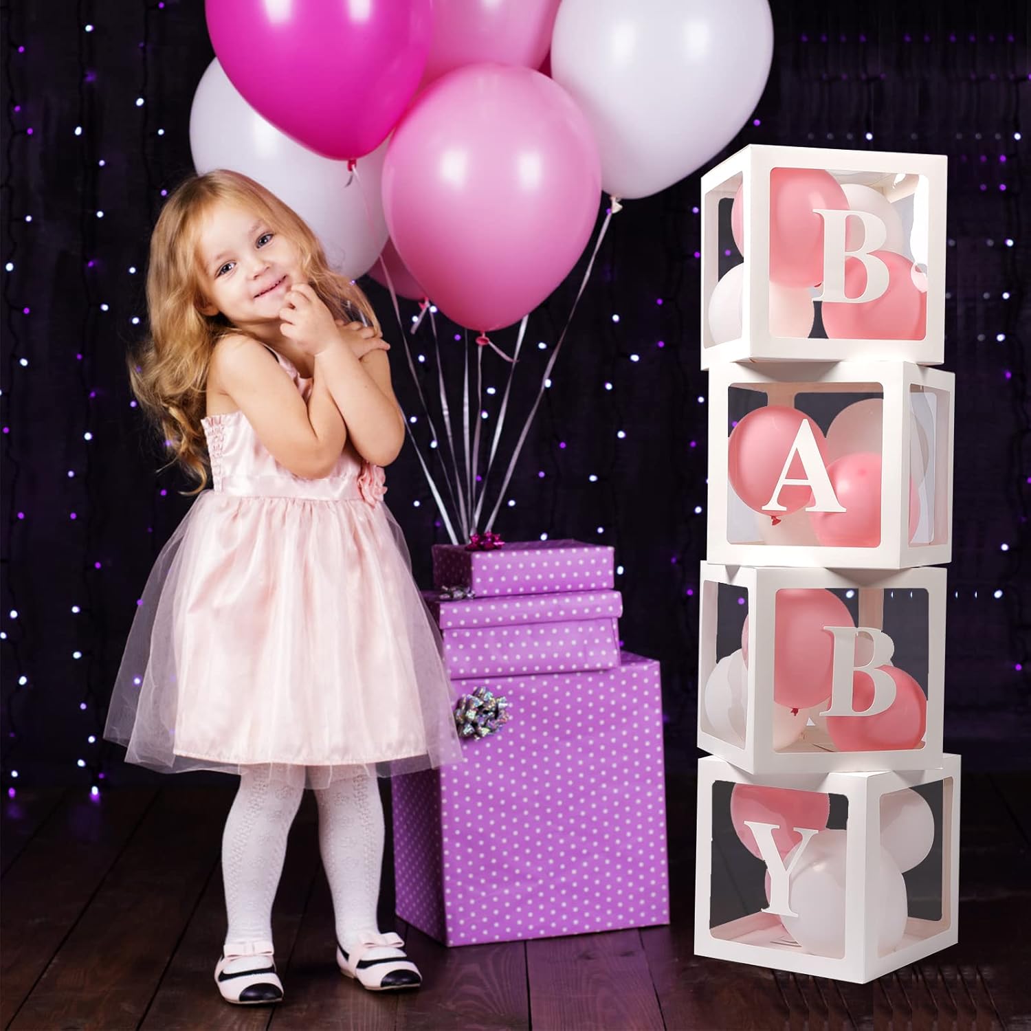 Baby Boxes with Letters, 4 Transparent Balloon for Gender Reveal Birth