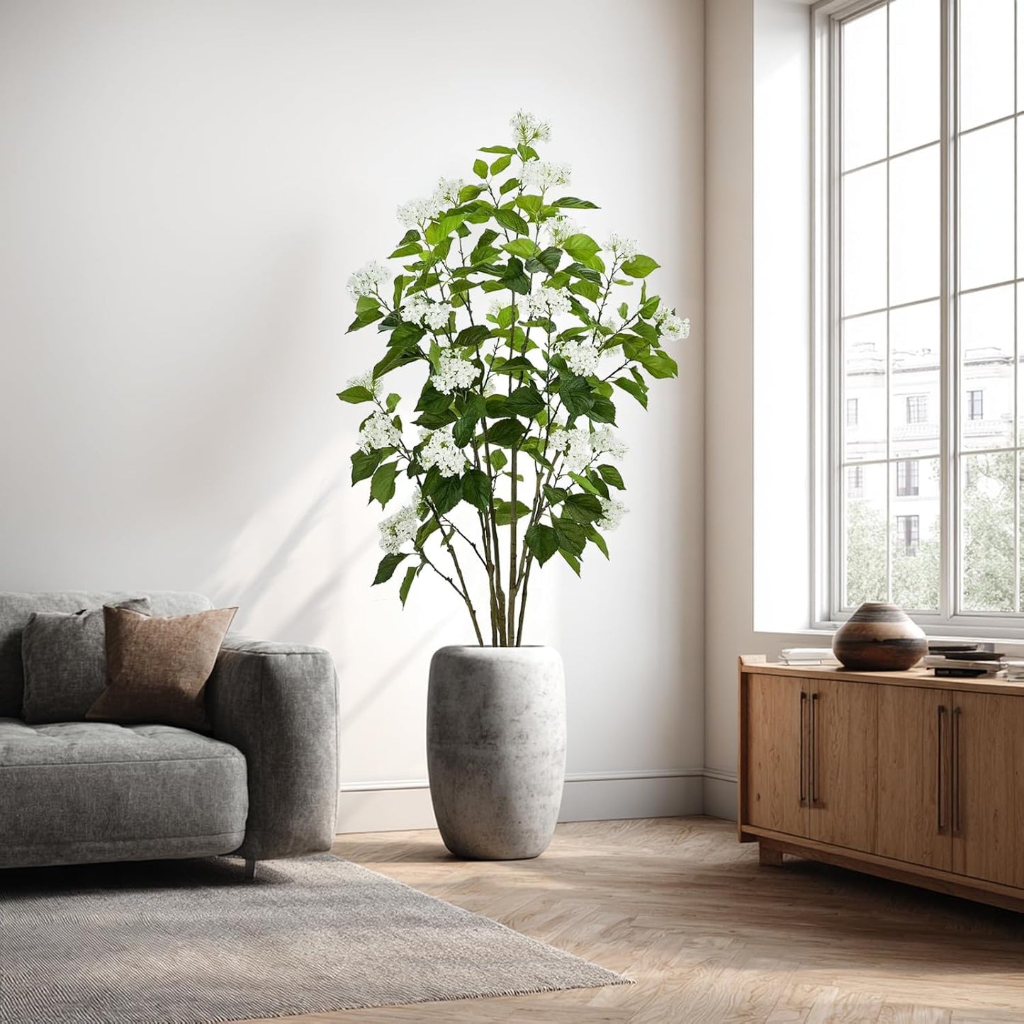 6FT Artificial Hydrangea Tree with 29 Blooms, Potted Fake Plant for Home Office Decor, Realistic Leaves & Bendable Branches, White Planter (6 FT)