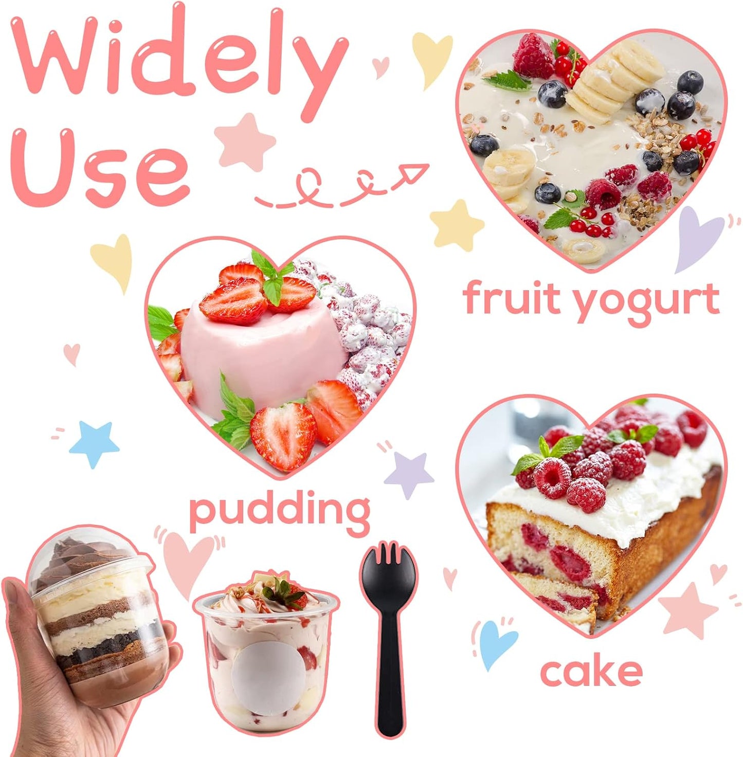 50 Pack 12OZ Clear Plastic Cups with Dome Lids and Sporks No Hole Disposable Fruit Cups for Dessert,Cupcake,Parfait,Pudding,Iced Cold Drinks,Snacks,Fruits,Bakeries,Ice Cream