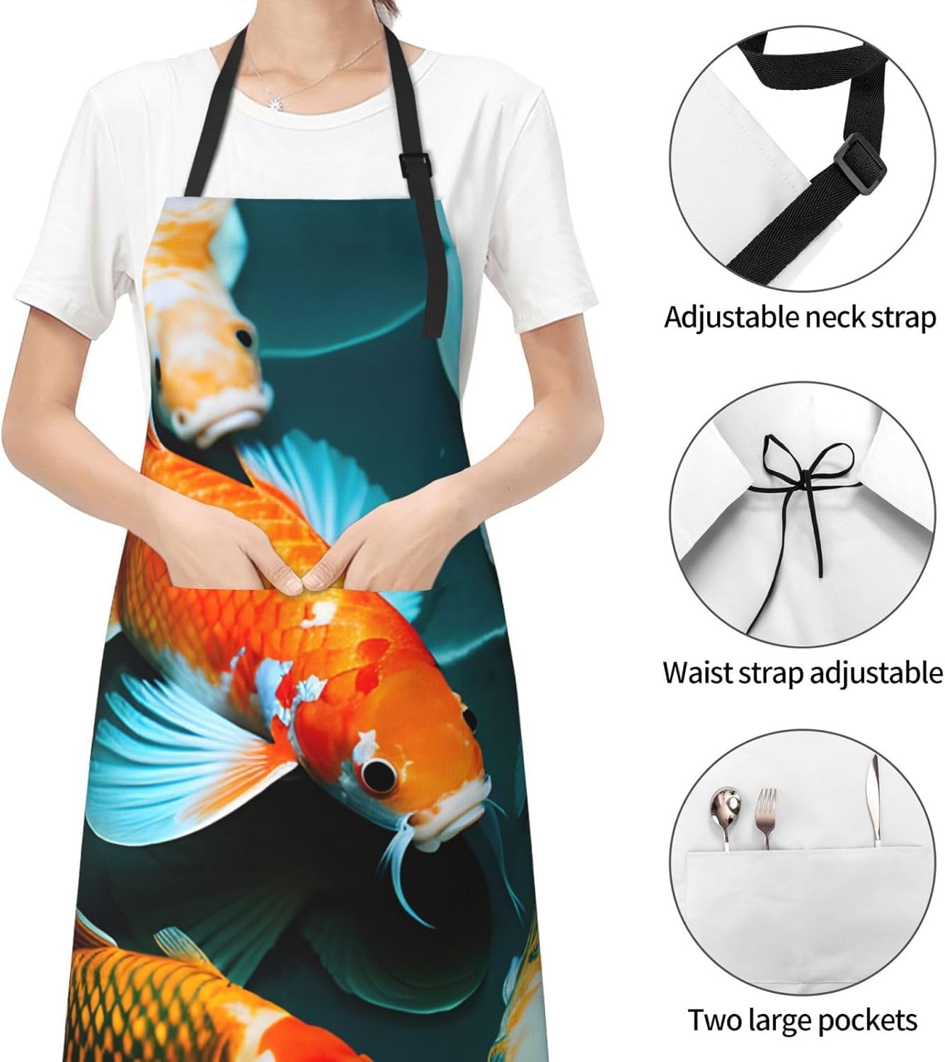 HD Japanese Koi Fish print Waterproof chef's apron with pocket apron for kitchen cooking baking barbecue and gardening