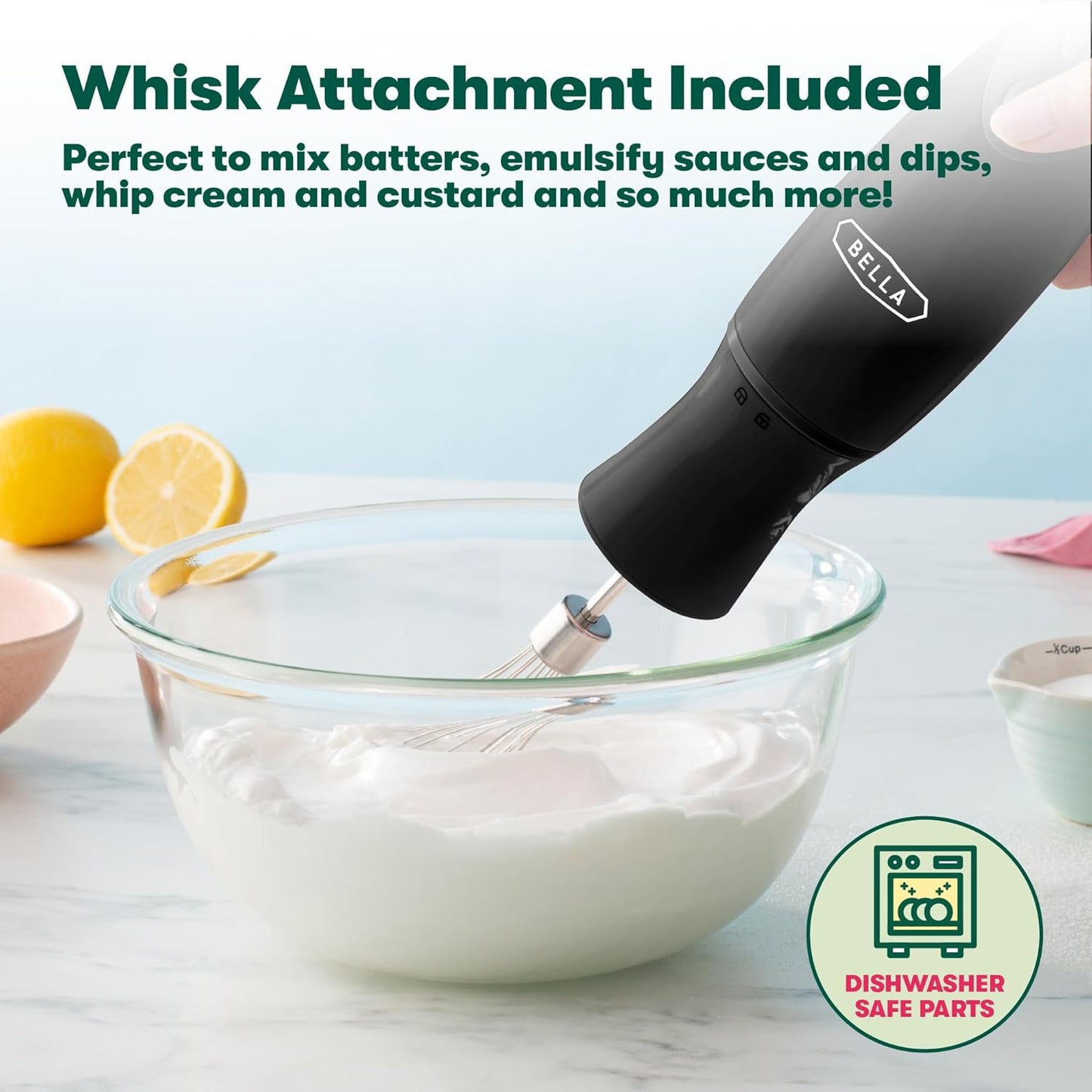 BELLA Immersion Hand Blender, Portable Mixer with Whisk Attachment - E