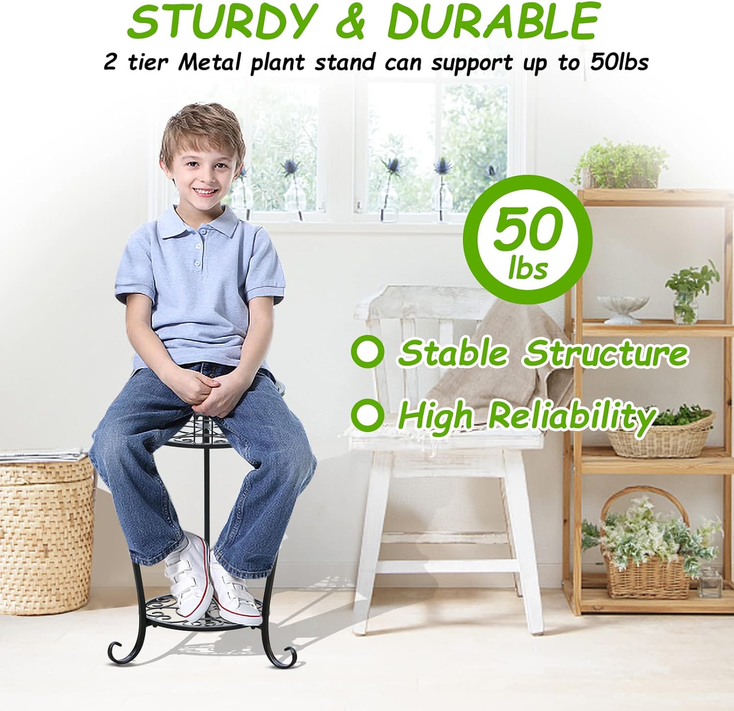 Potted Plant Stand 2 Tier Metal Flower Pot Stand Anti-Rust Heavy Duty 