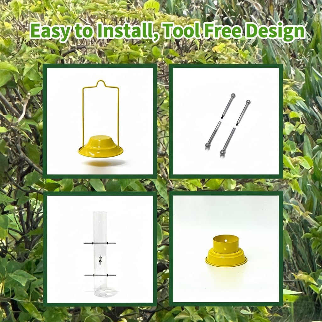 KiRuan Finch Feeders for Outside,Thistle Bird Feeders for Outdoors Hanging,22.44 Inch Tube Bird Feeder with 12 Ports and 10 Metal Perches,All Detachable Design,Easy to Refill & Clean,Yellow,1 Pack
