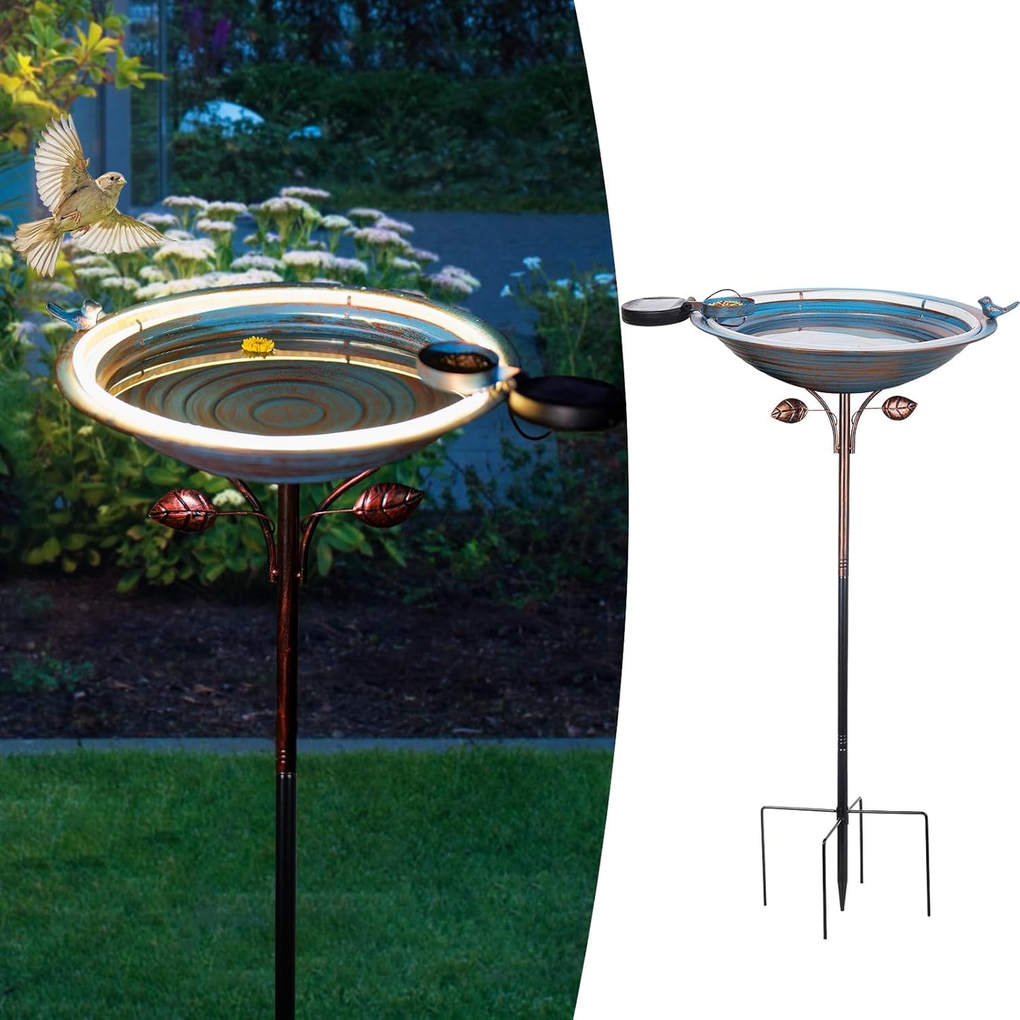 Metal Bird Bath with Stake, Large Standing Birdbath with Solar Light, 39" Tall Bird Bath & Feeder with 15" Bowl & Decorative Cast Iron Bird for Outside Garden Patio Yard Decor, Blue
