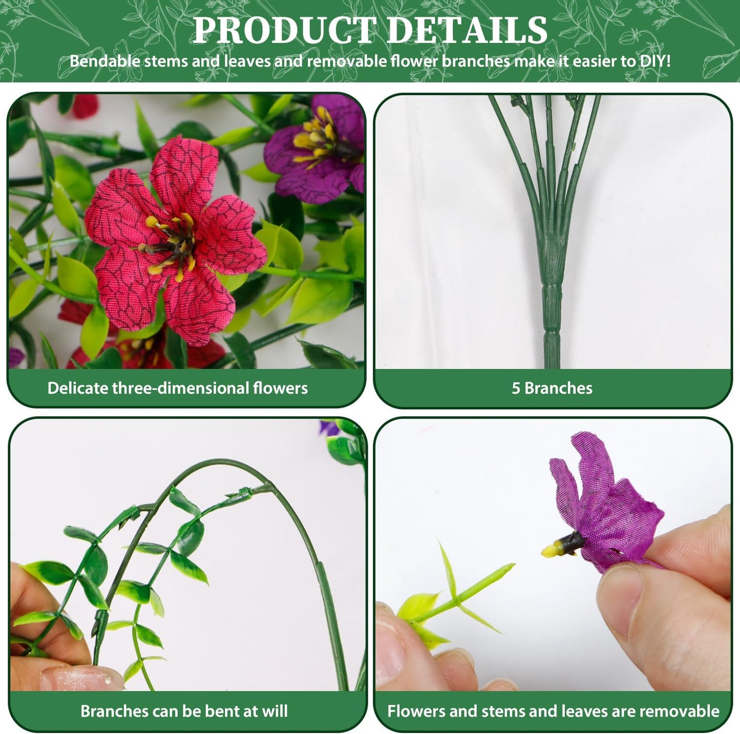 4PCS Artificial Fake Hanging Flowers for Outdoor, Realistic Faux Plants UV Resistant Spring Silk Flowers for Planter Garden Outdoor Flower Pots, Spring Summer Home Yard Decoration