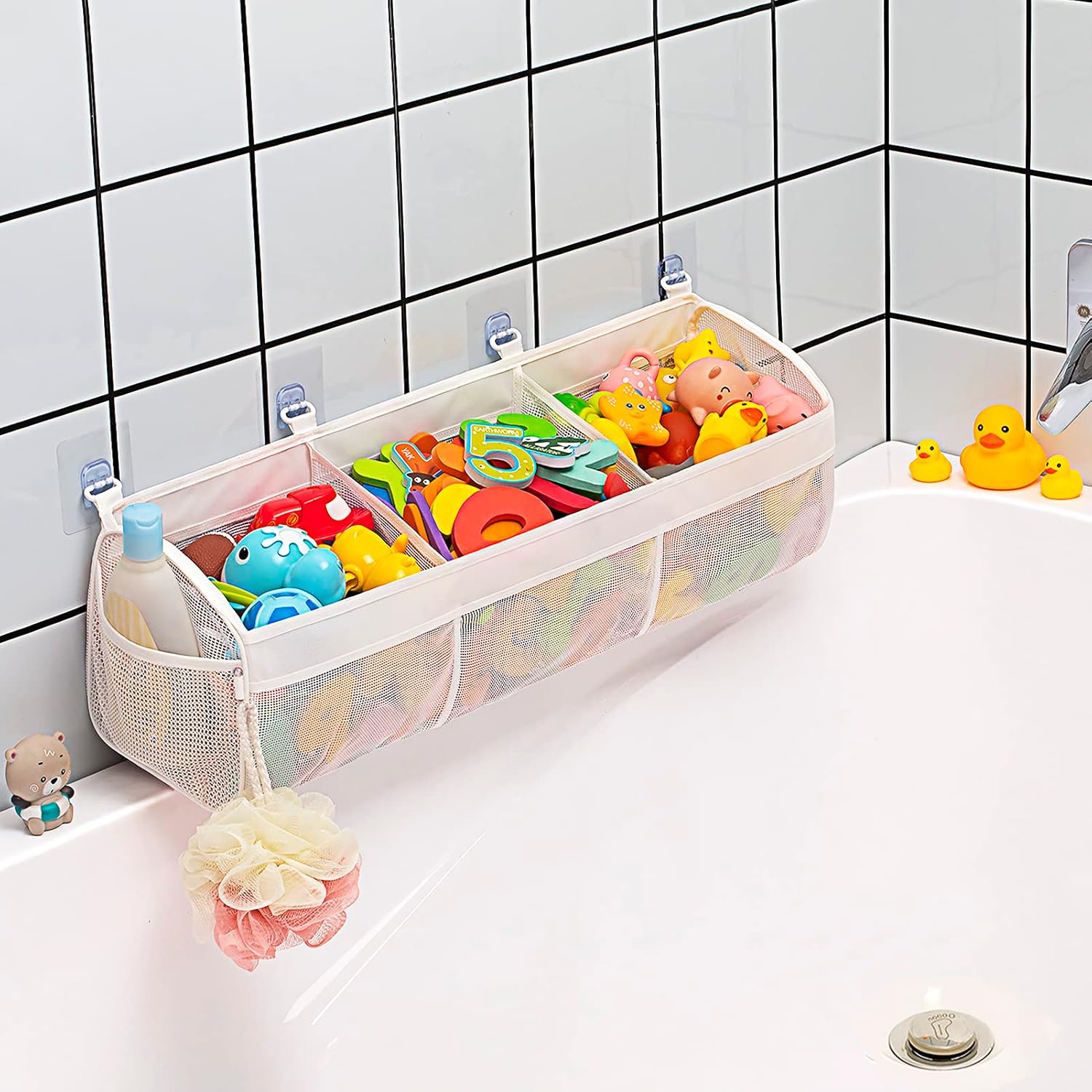 Original 3 Compartment Horizontal Large Openings Bath Toy Organizer fo