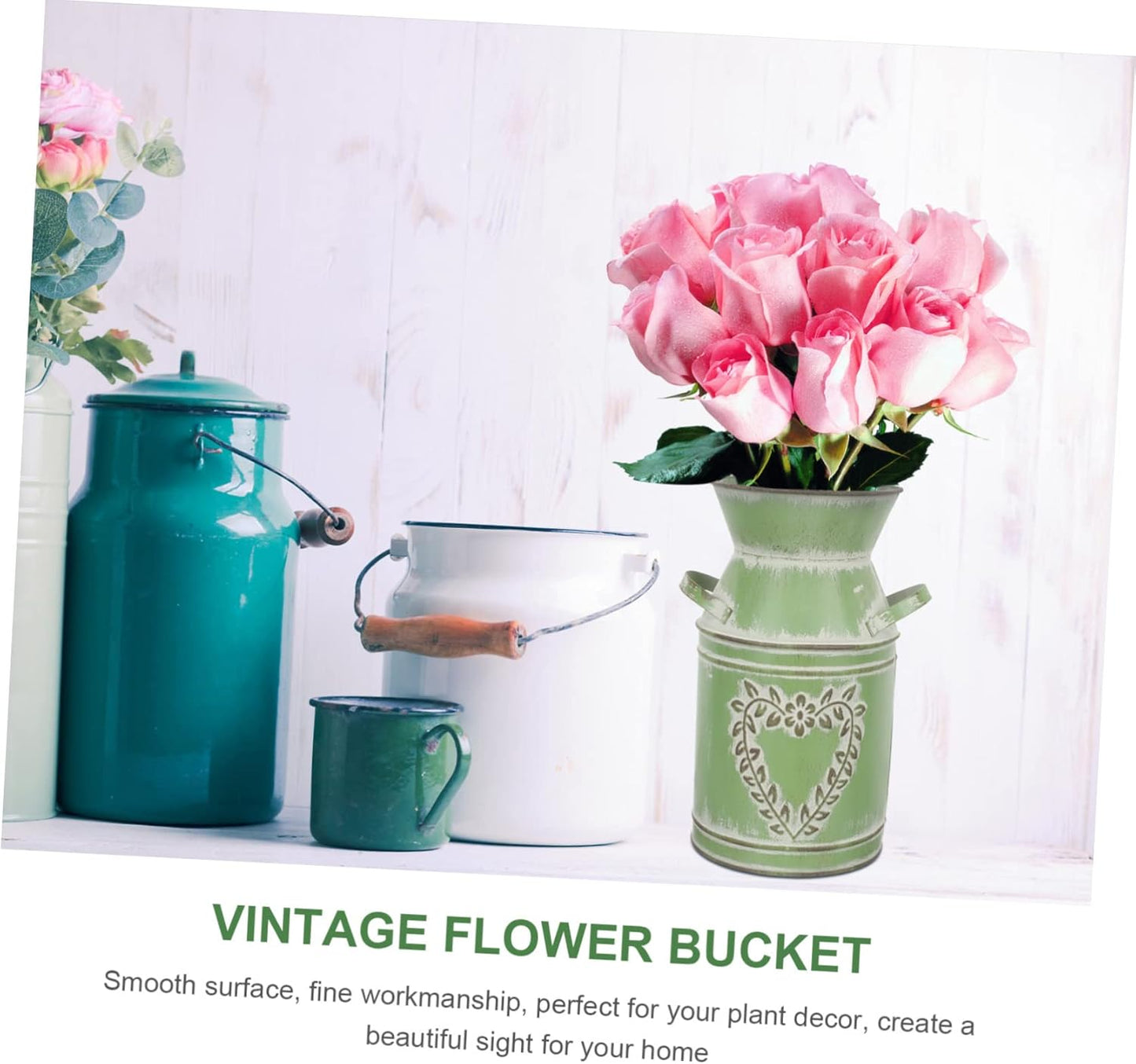 Flower Pot Decorative Flower Farmhouse French Rustic Metal Jug Country Pitcher Metal Flower Bucket with Handles Terrarium Decorations Home Flower Container Galvanized Iron Vase